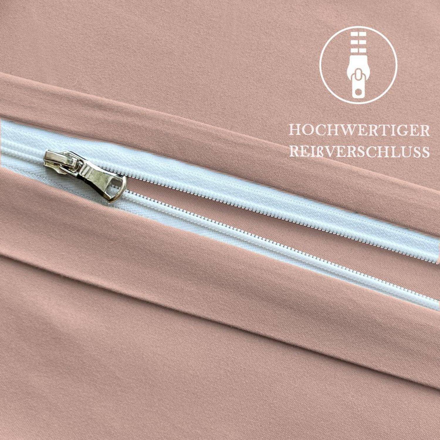 Nahaufnahme eines rosa Stoffes mit einem teilweise geöffneten weißen Reißverschluss; Text liest „HOCHWERTIGER REIßVERSCHLUSS" neben einem Reißverschlusssymbol.