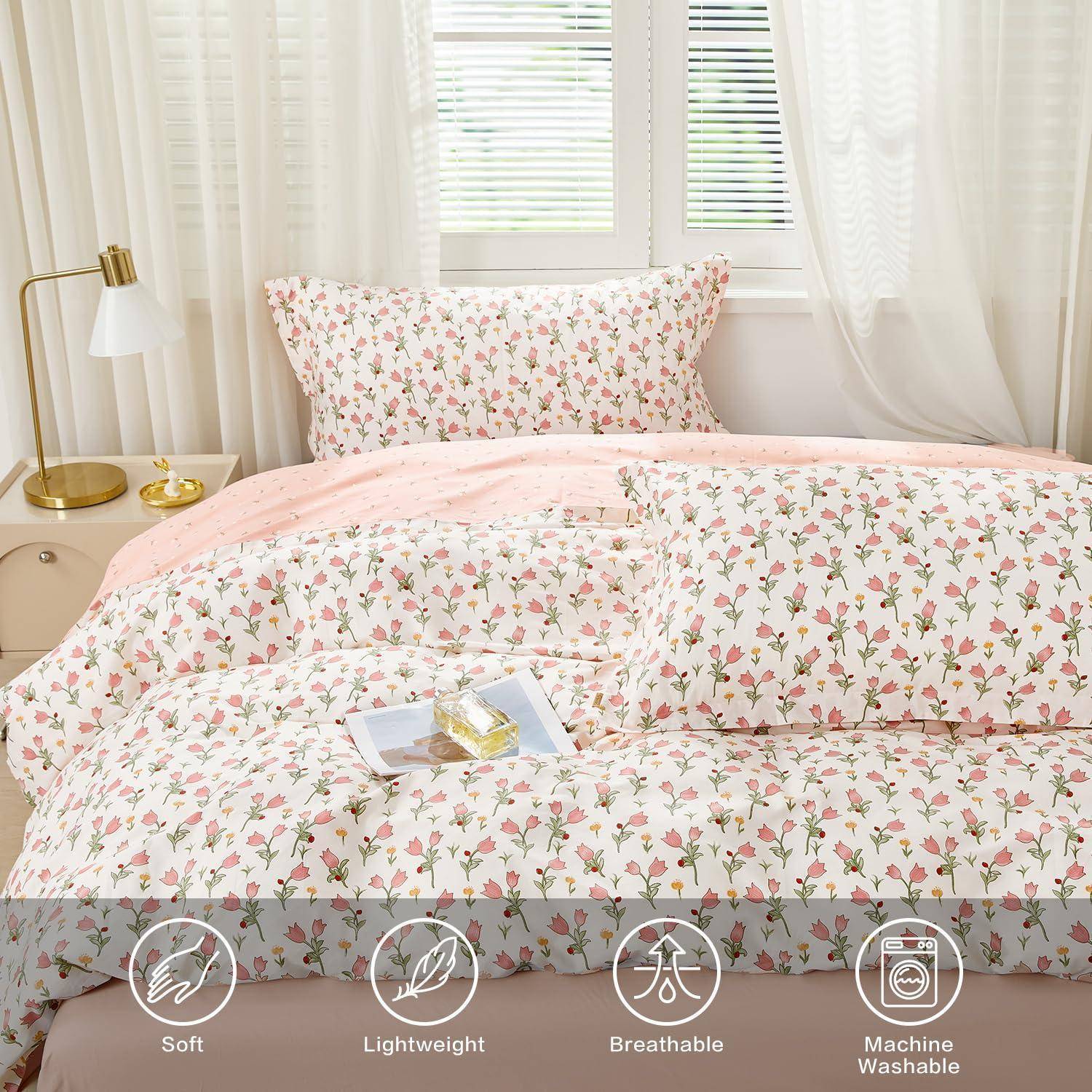 Bettwäsche-Set 200x220cm Rosa Blumenmuster 100% Baumwolle Oeko-Tex