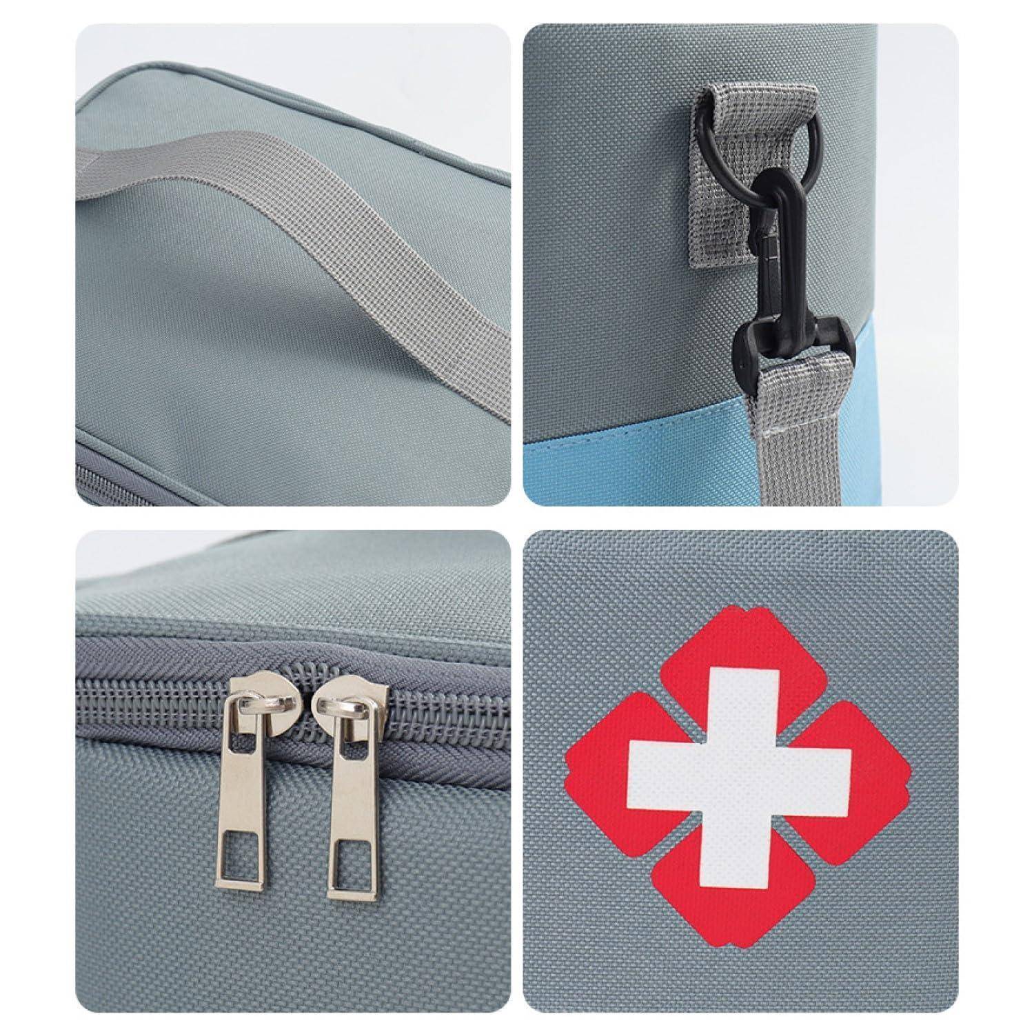 Collage einer grau-blauen medizinischen Tasche mit Tragegriff, Schultergurt-Clip, Reißverschlussziehern und rotem Erste-Hilfe-Kreuzemblem.