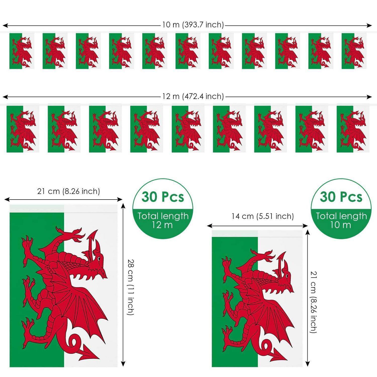 Produktdiagramm mit 30 walisischen Drachenaufklebern, die in Streifen angeordnet sind, mit Gesamtlängen von 10 m und 12 m und individuellen Aufklebergröße von 14 x 21 cm oder 21 x 28 cm.