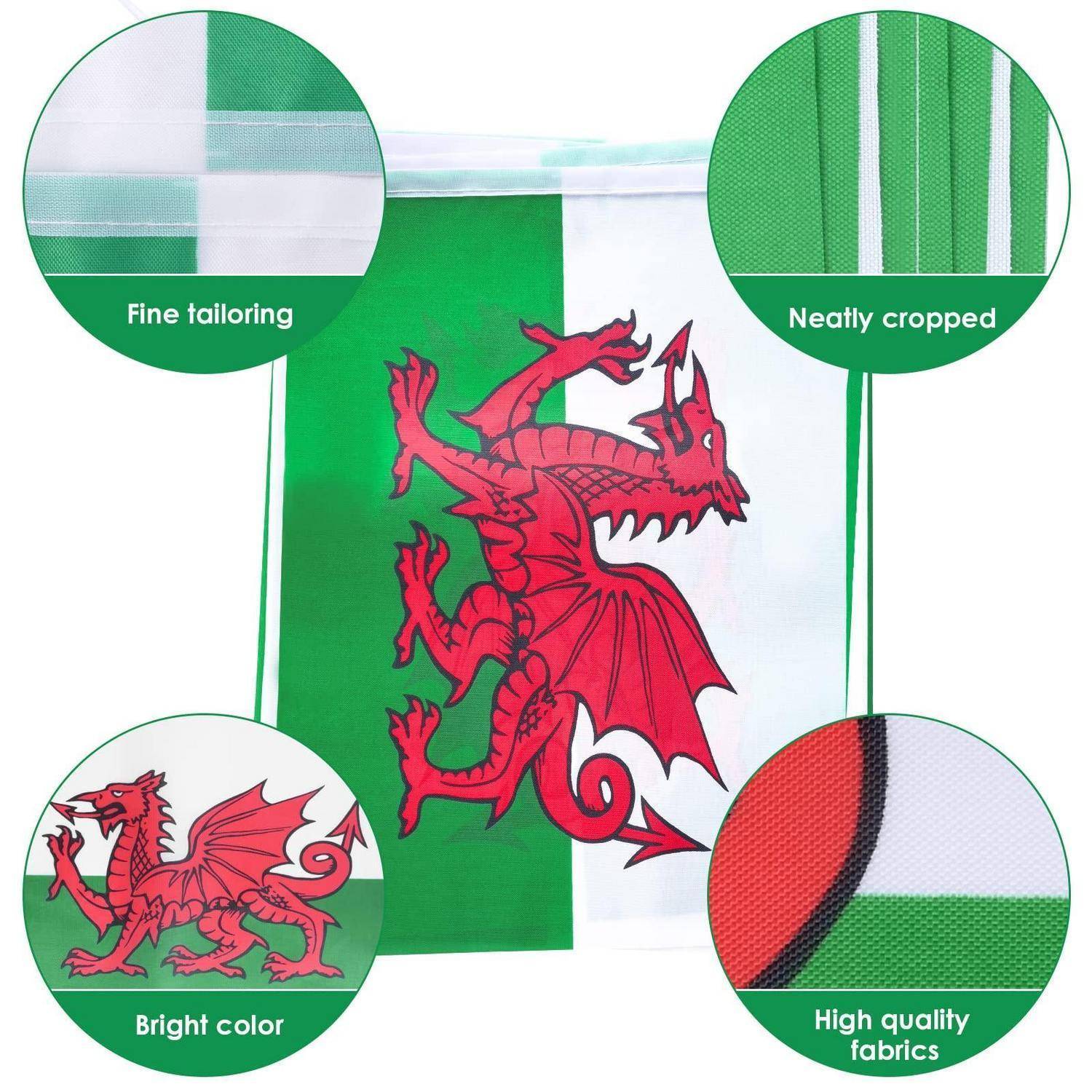 Grüne und weiße Flagge mit rotem Drachenemblem, dargestellt mit Legenden, die feine Verarbeitung, sauber geschnittene Kanten, leuchtende Farben und hochwertige Stoffqualität hervorheben.