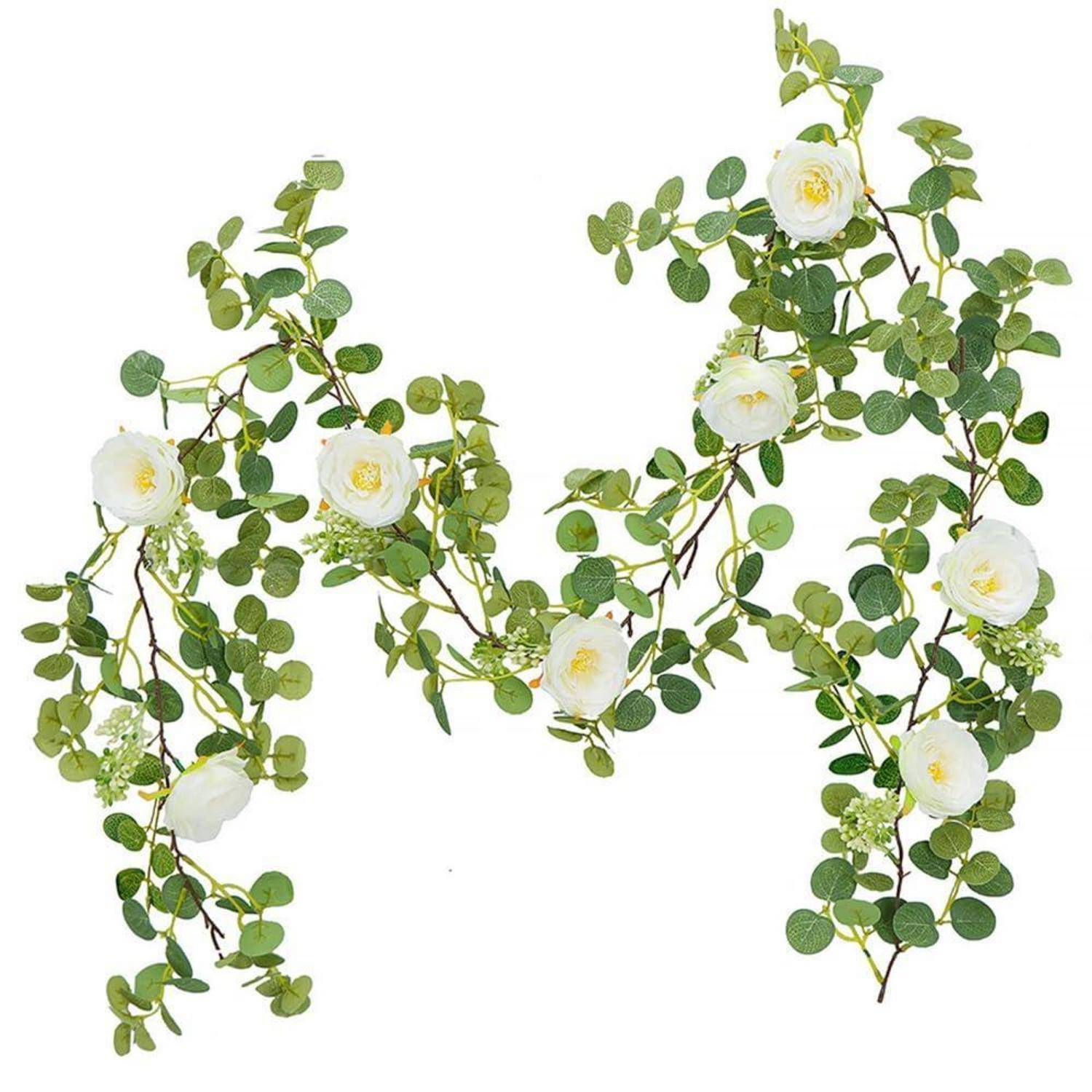 Künstliche Rosen Girlande 2M Seidenblumen mit Blättern Weiß