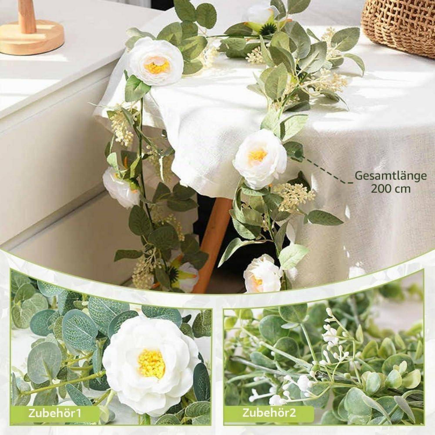 Künstliche Rosen Girlande 2M Seidenblumen mit Blättern Weiß