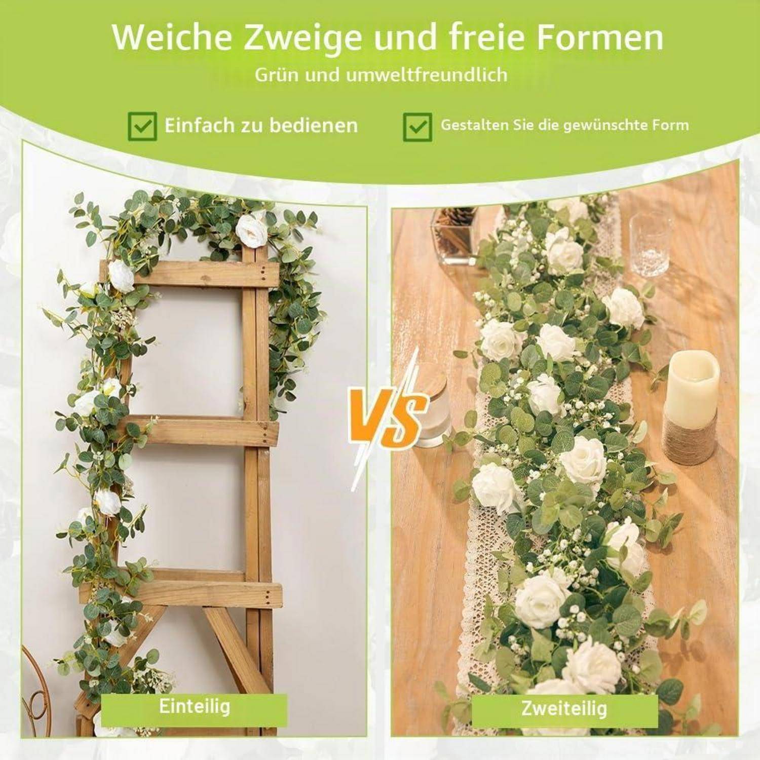 Künstliche Rosen Girlande 2M Seidenblumen mit Blättern Weiß