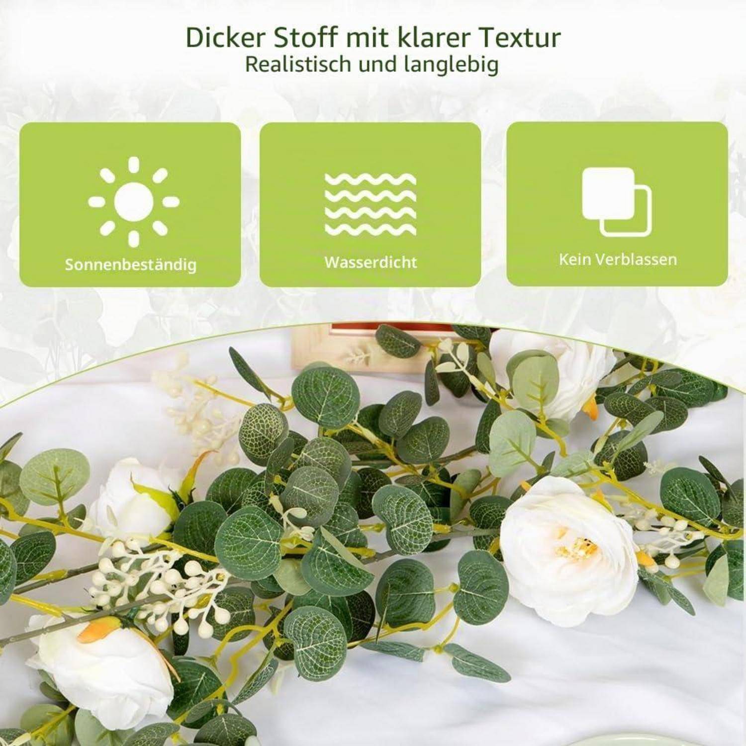 Künstliche Rosen Girlande 2M Seidenblumen mit Blättern Weiß