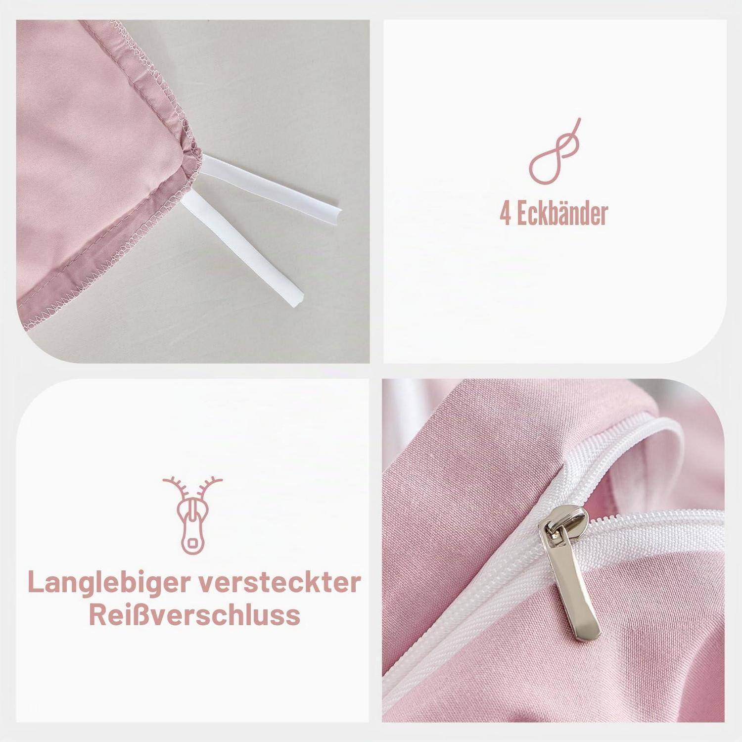 Rosa Kissen mit verborgenem Reißverschluss und vier Ecken, zeigt Nahaufnahmen des Reißverschlusses und der Zuglasche; deutscher Text sagt „4 Ecken" und „Langlebiger versteckter Reißverschluss"".
