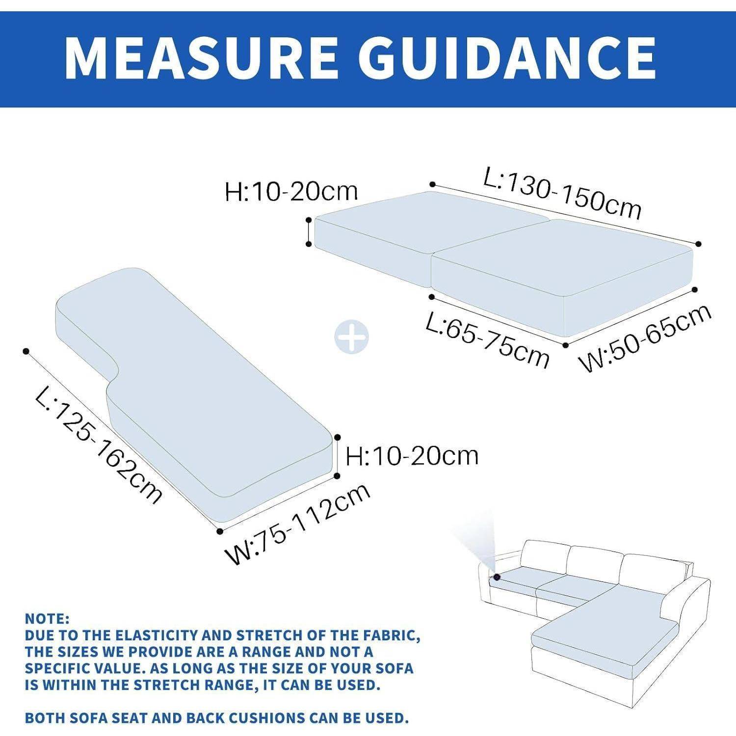 Messleitfaden-Diagramm für Sofabezüge mit Größenangaben: Sitz-/Rückenkissen H 10–20 cm, L 125–162 cm, B 75–112 cm; Ecksofa L 130–150 cm, L 65–75 cm, B 50–65 cm, H 10–20 cm.