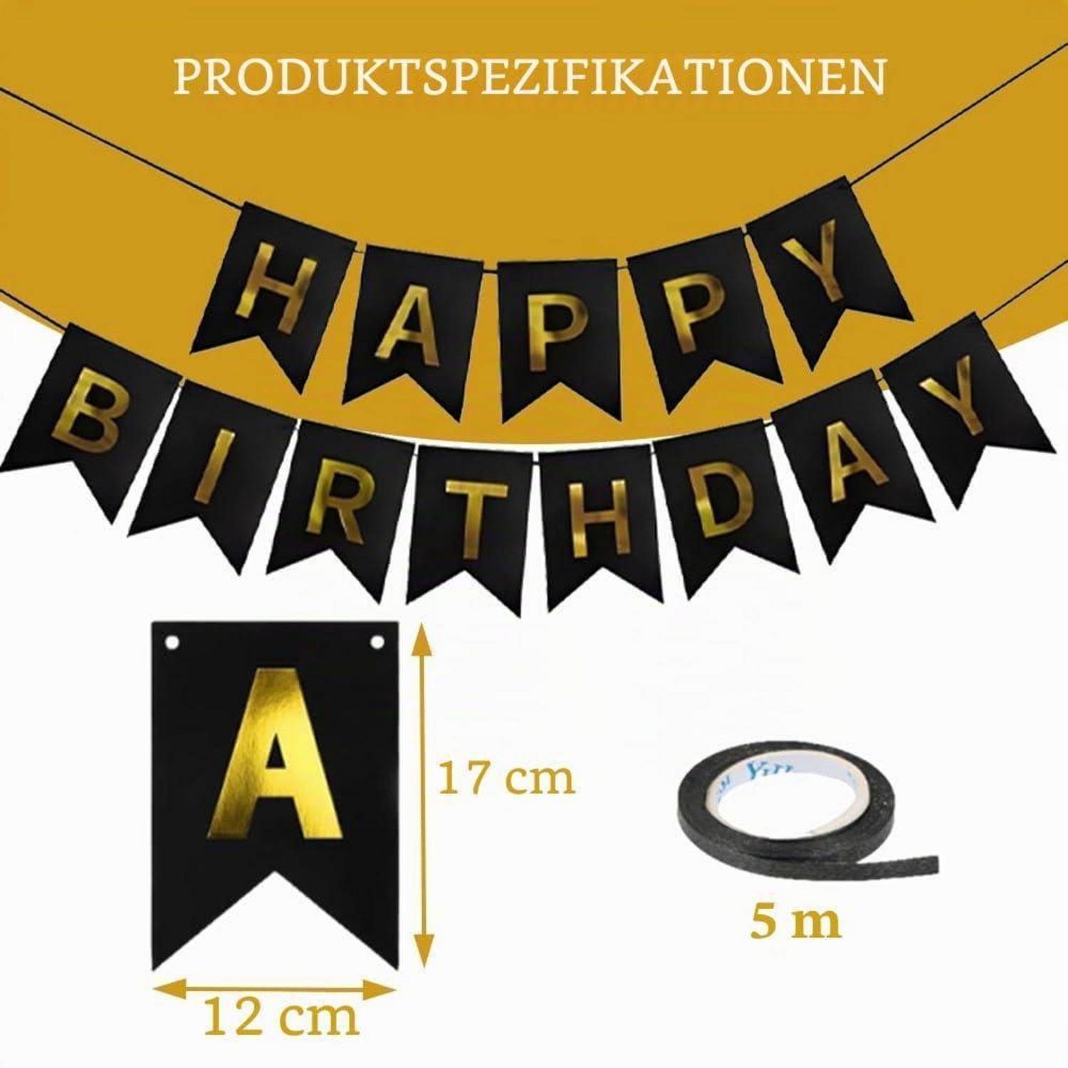 Produktspezifikationen für ein schwarzes und goldenes "ALLES GUTE ZUM GEBURTSTAG""-Banner: Wimpelgröße 12 cm breit x 17 cm hoch, mit 5 m Schnur.