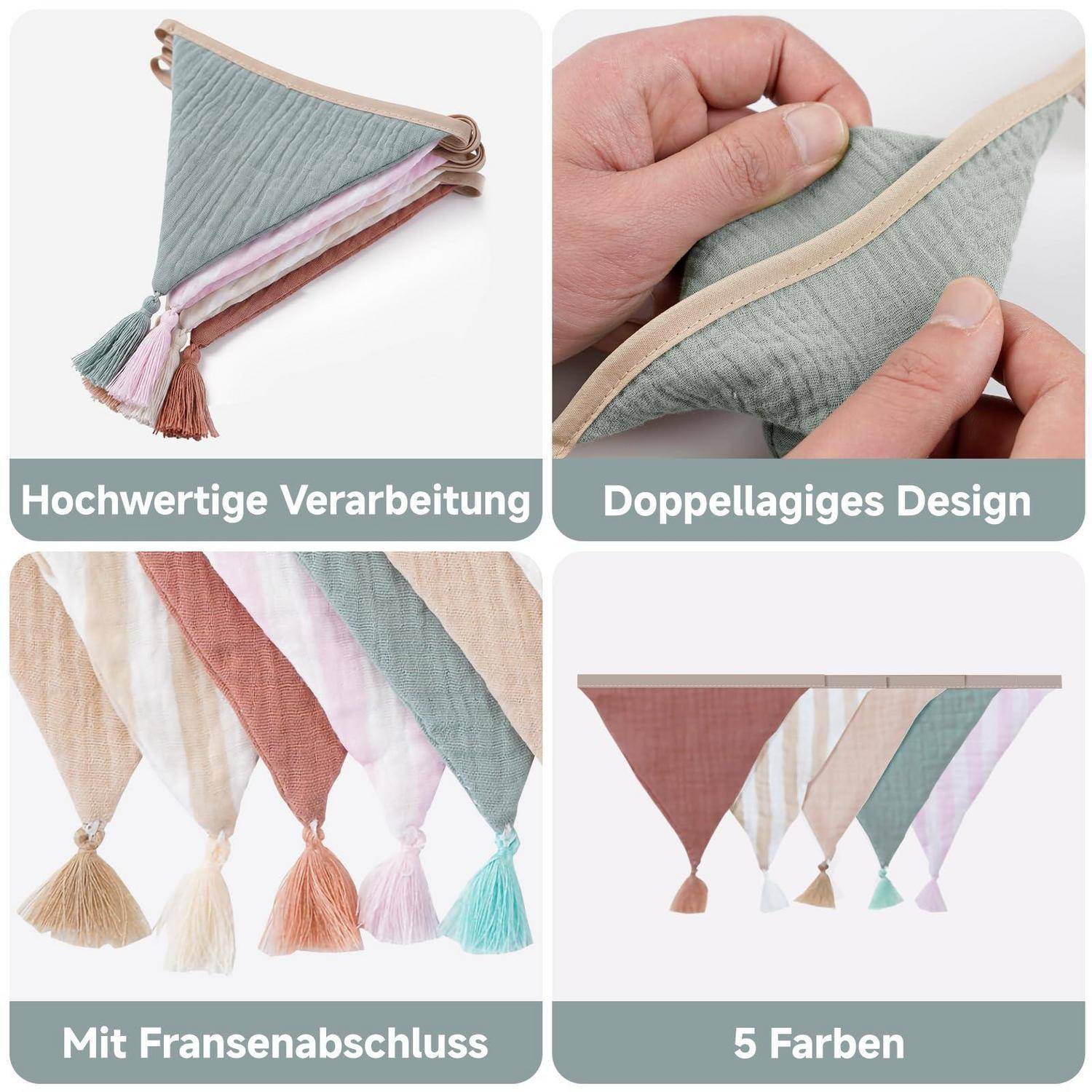 Wimpelkette Kinderzimmer Boho-Pastell 2,6m Musselin mit Quasten