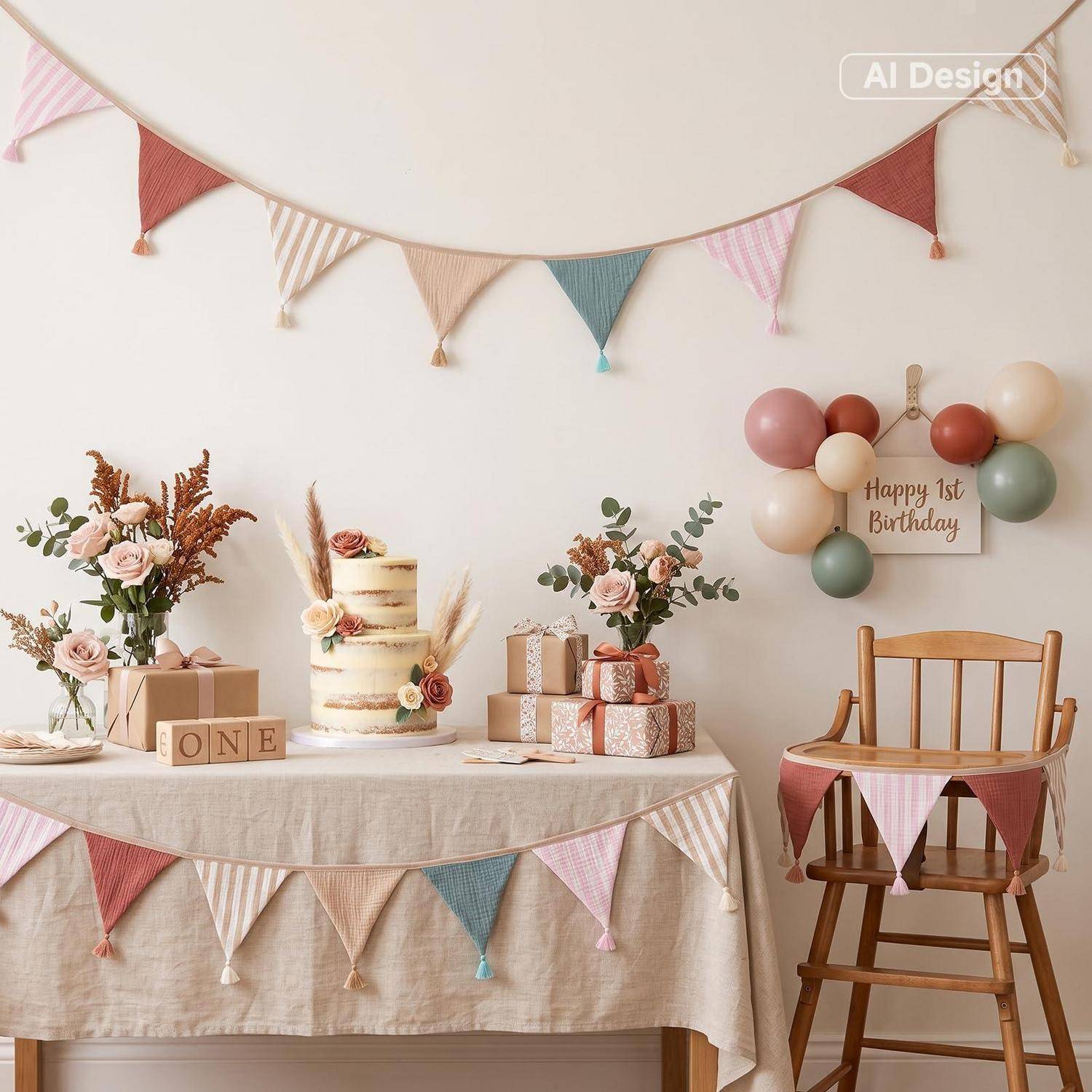 Wimpelkette Kinderzimmer Boho-Pastell 2,6m Musselin mit Quasten