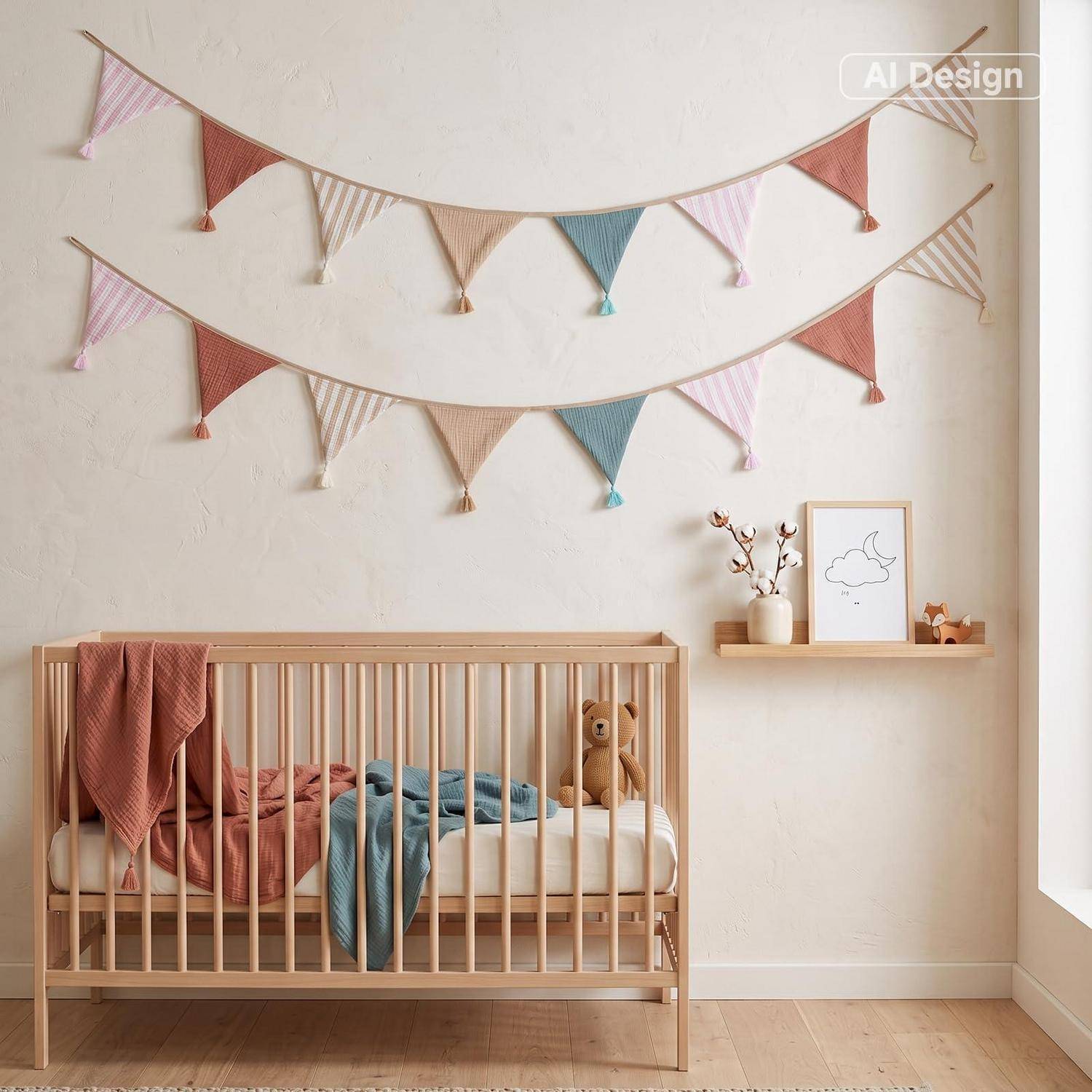 Wimpelkette Kinderzimmer Boho-Pastell 2,6m Musselin mit Quasten
