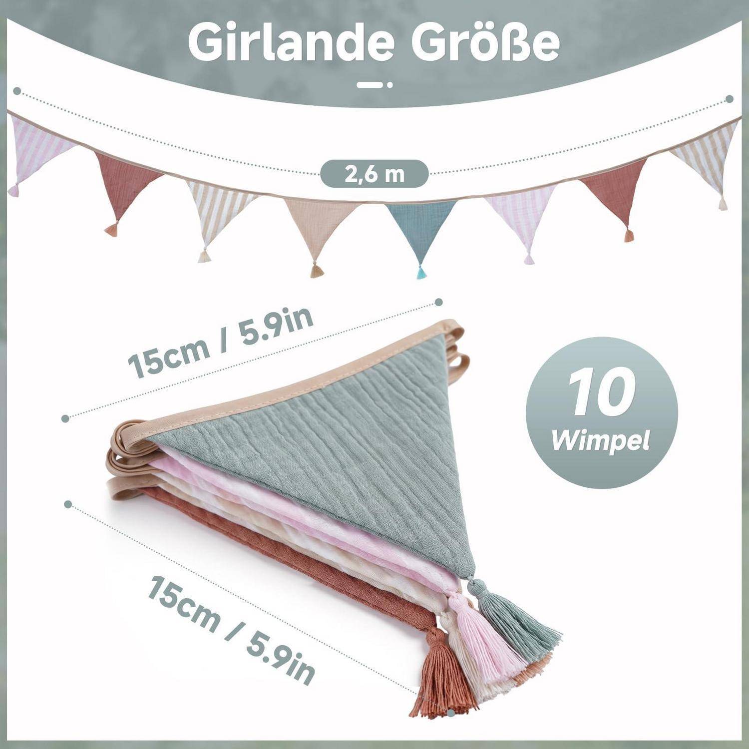 Wimpelkette Kinderzimmer Boho-Pastell 2,6m Musselin mit Quasten