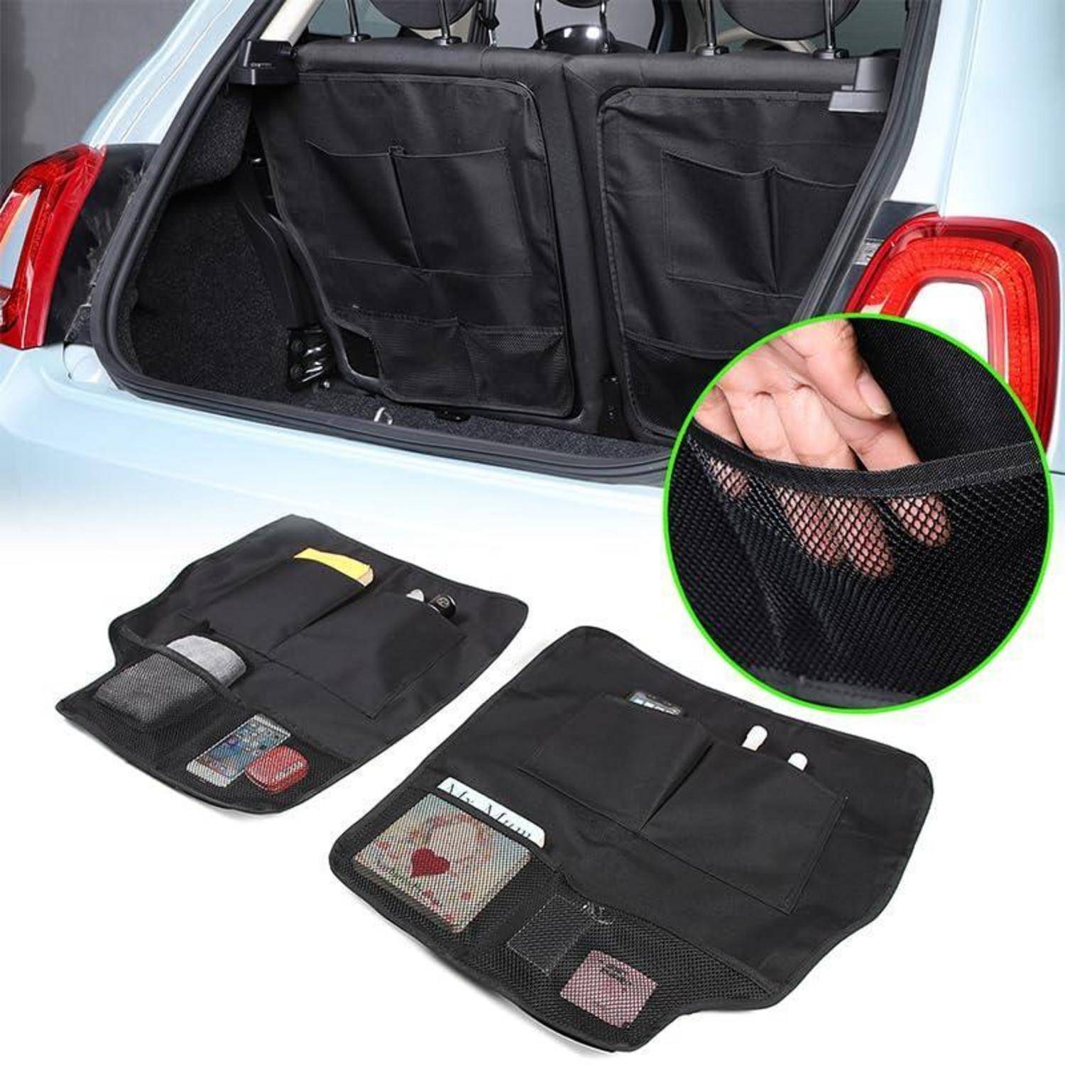 Autokofferraum-Organizer mit Taschen und Netzfächern, die auf der Rückseite eines Autositzes angebracht sind, mit nahaufnahmedetail der Netztasche.