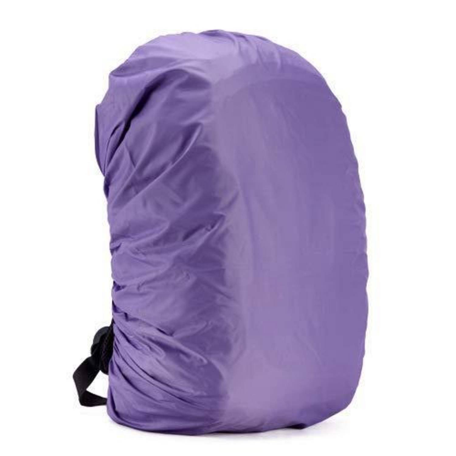 Lila Regenschutz oder Rucksackabdeckung auf weißem Hintergrund gezeigt, mit schwarzen Riemen unten sichtbar.
