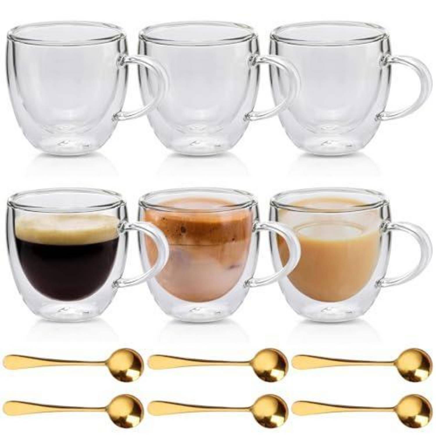 6er Set Doppelwandige Latte Macchiato Gläser 250ml mit Henkel und Löffel