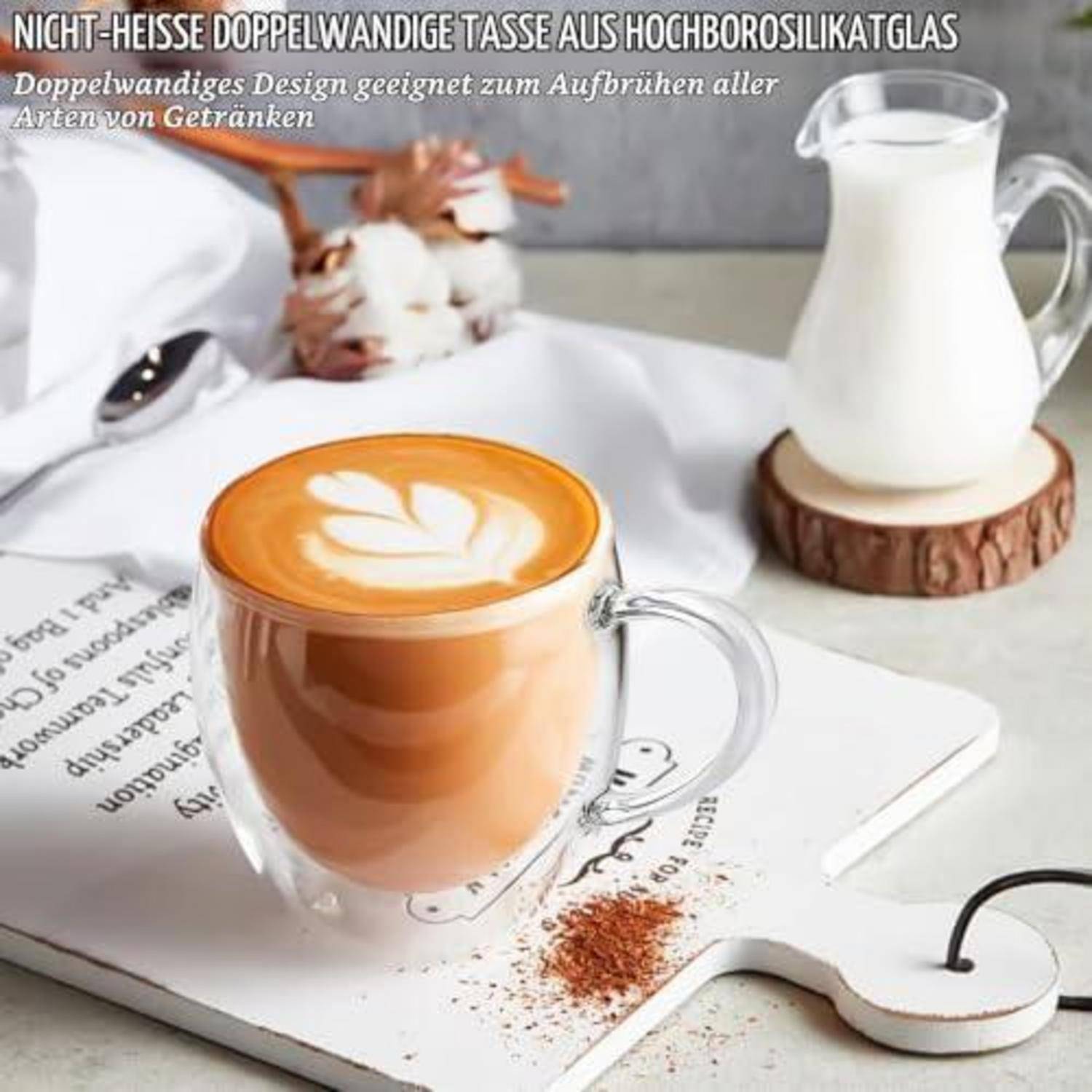 6er Set Doppelwandige Latte Macchiato Gläser 250ml mit Henkel und Löffel