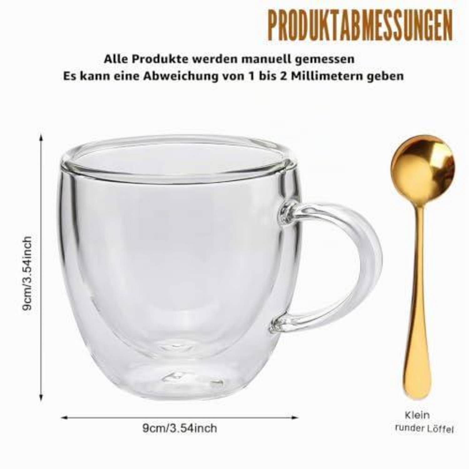 Produktabmessungen-Diagramm mit einer klaren Glastasse, 9 cm breit und 9 cm hoch, mit einem kleinen runden goldenen Löffel; ein Hinweis besagt, dass die Messungen manuell durchgeführt wurden und um 1-2 mm abweichen können.