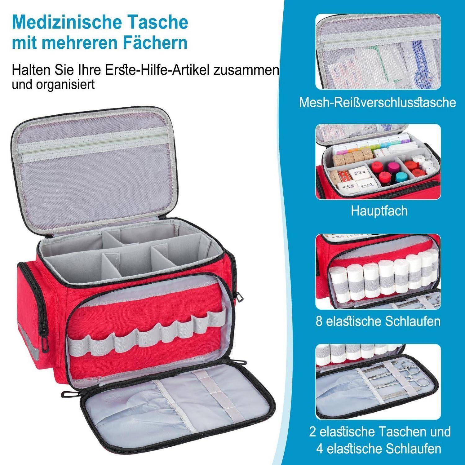 Erste-Hilfe-Tasche Rot mit herausnehmbaren Trennwänden