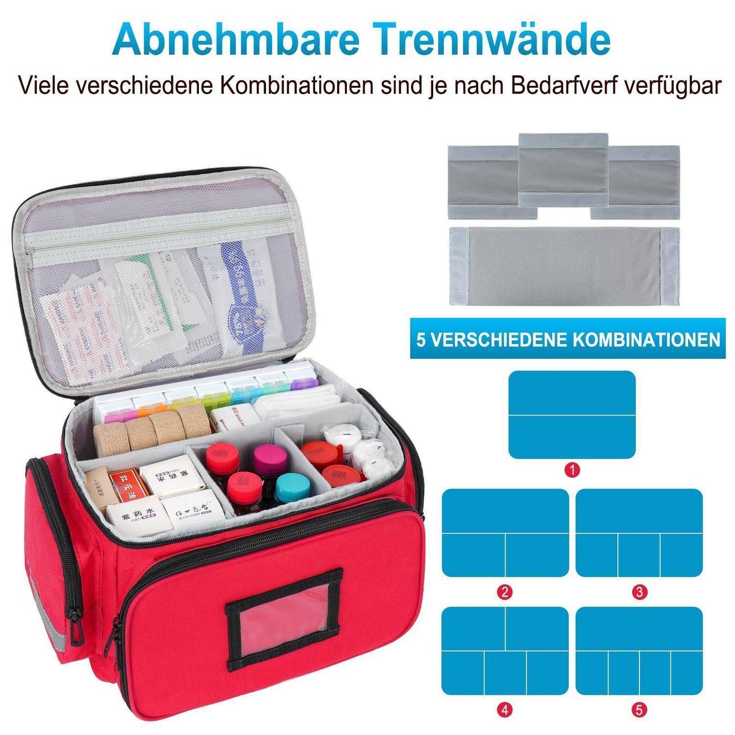 Erste-Hilfe-Tasche Rot mit herausnehmbaren Trennwänden