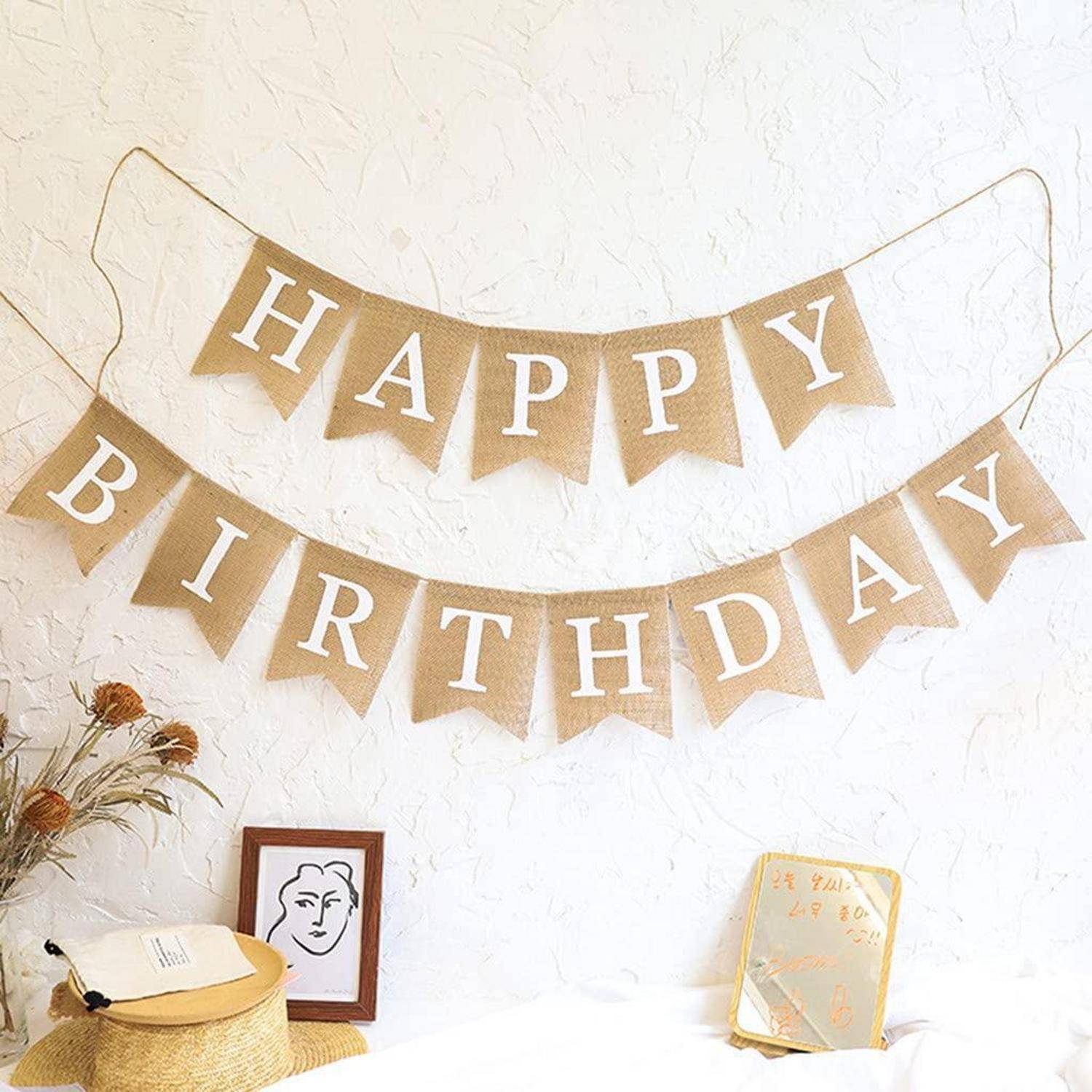 Leinen Wimpel Girlande Happy Birthday Weiß 1,4m / 2,5m