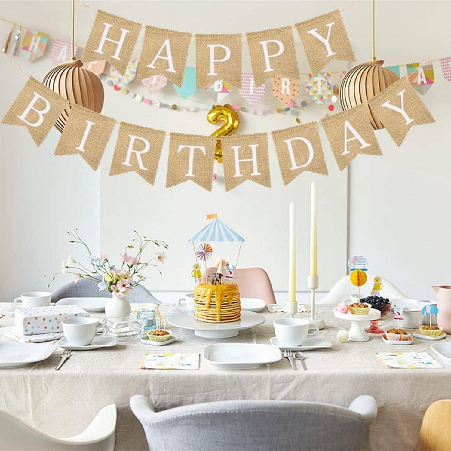 Leinen Wimpel Girlande Happy Birthday Weiß 1,4m / 2,5m