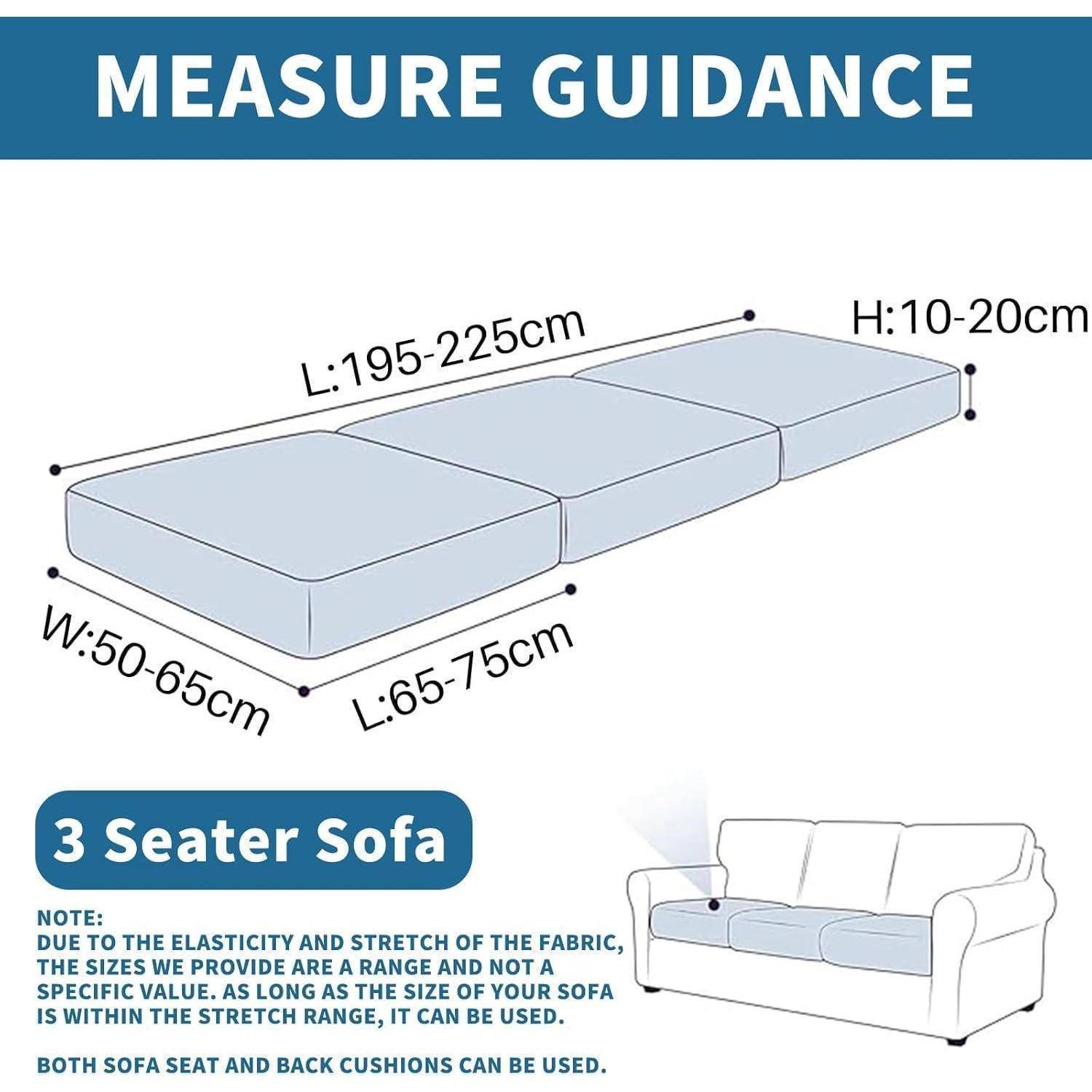 Messleitfaden für einen 3-Sitzer-Sofabezug mit Größenbereichen: Länge 195-225 cm, Breite 50-65 cm, Sitztiefen 65-75 cm, Höhe 10-20 cm.