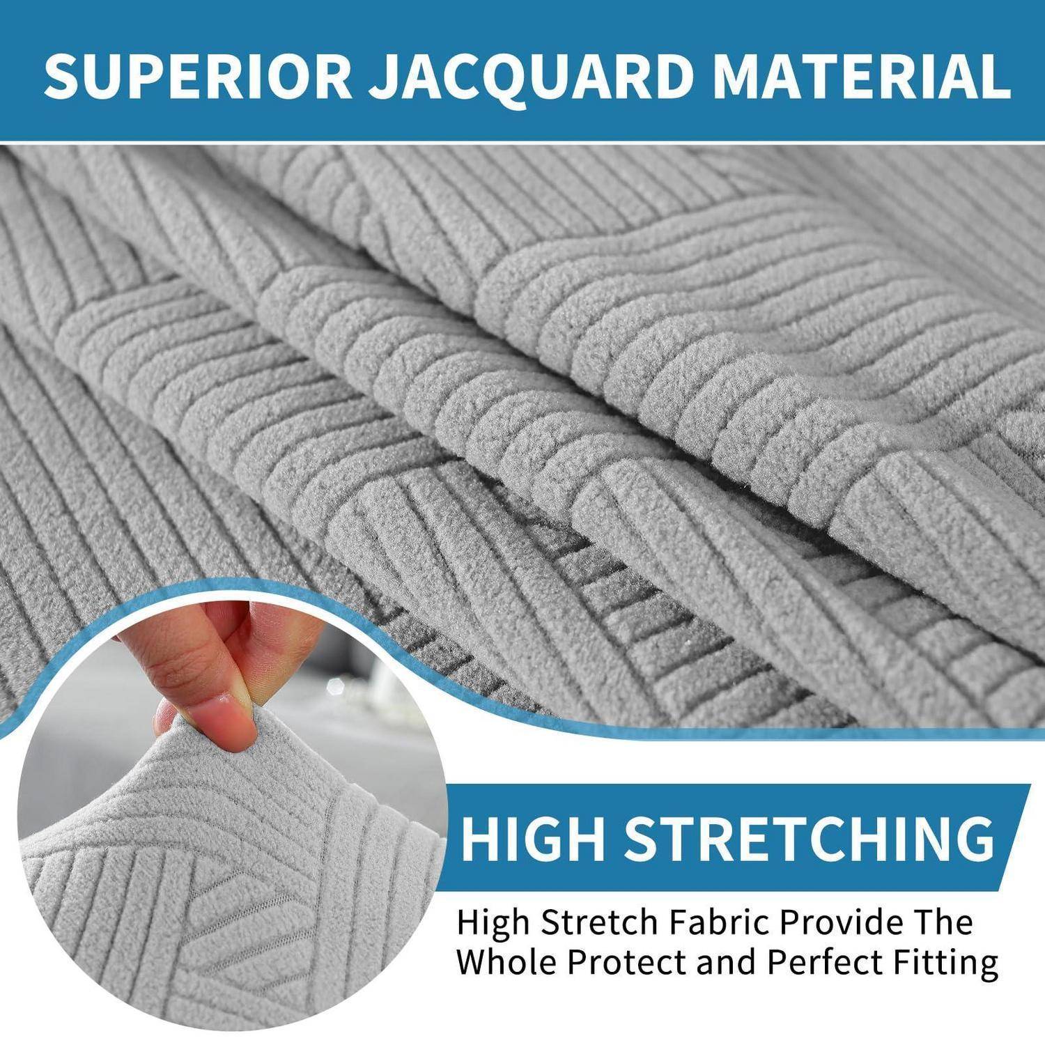 Werbebild aus grauem Jacquard-Stoff mit Nahaufnahme der Textur und Einsatz einer Hand, die ihn dehnt; Text lautet „HOCHWERTIGES JACQUARD-MATERIAL