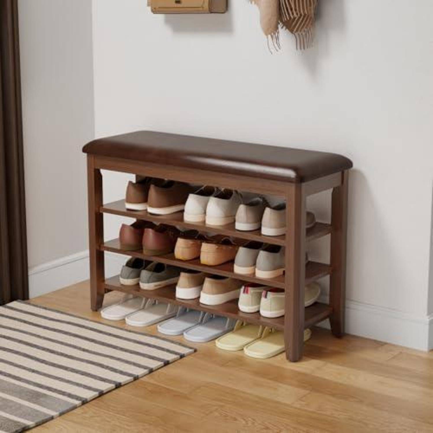 AQIMUELE Schuhbank mit 3 Ebenen, 80cm, Walnuss, PU-Leder Sitzkissen