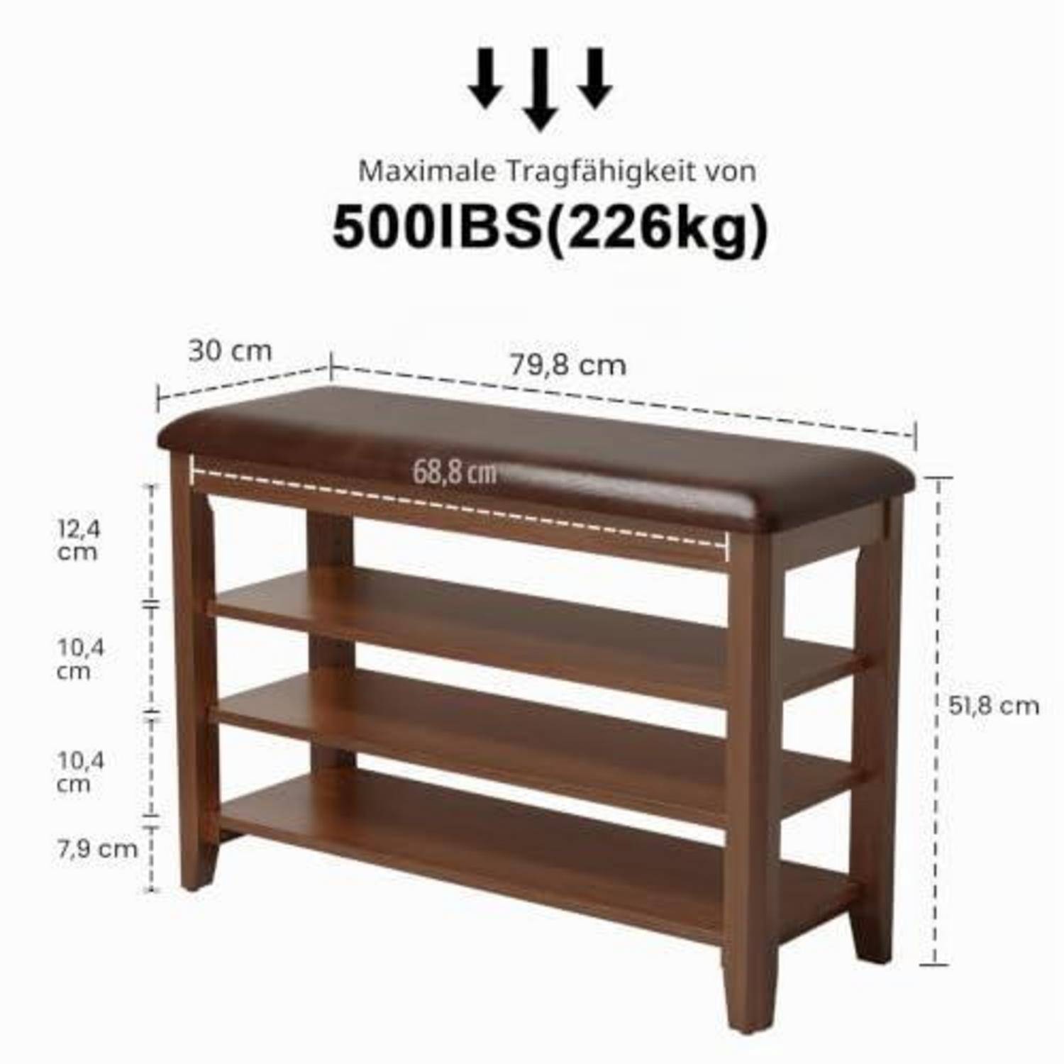 AQIMUELE Schuhbank mit 3 Ebenen, 80cm, Walnuss, PU-Leder Sitzkissen