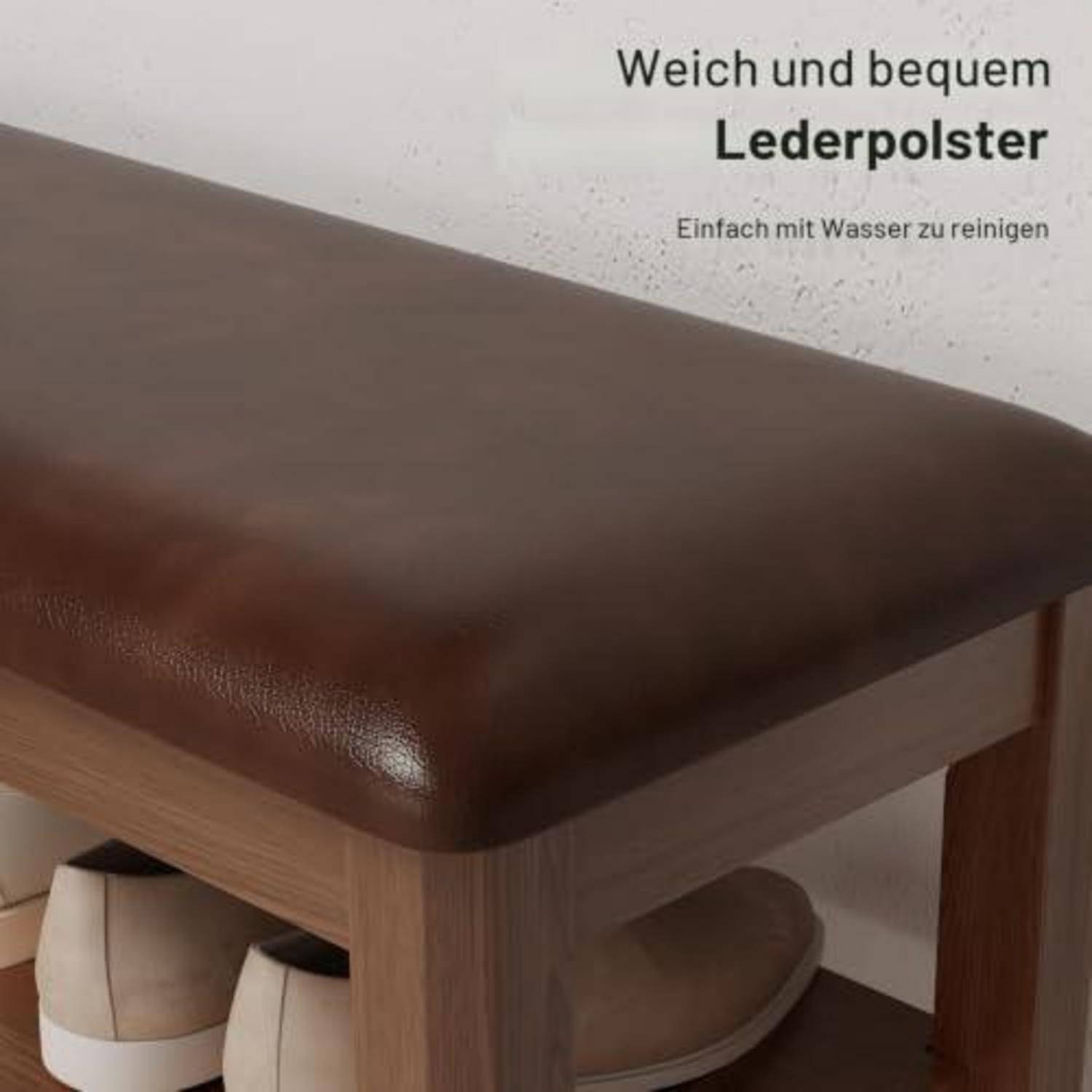 AQIMUELE Schuhbank mit 3 Ebenen, 80cm, Walnuss, PU-Leder Sitzkissen