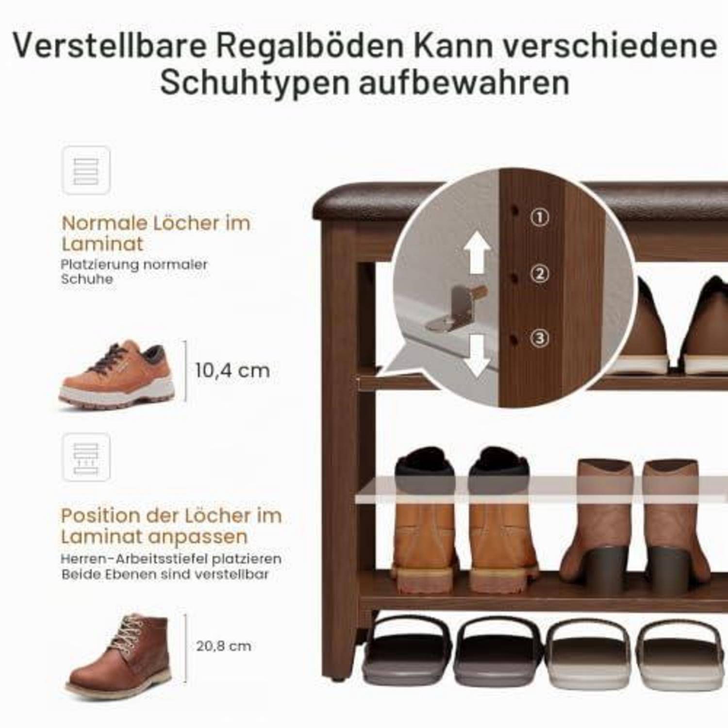 AQIMUELE Schuhbank mit 3 Ebenen, 80cm, Walnuss, PU-Leder Sitzkissen