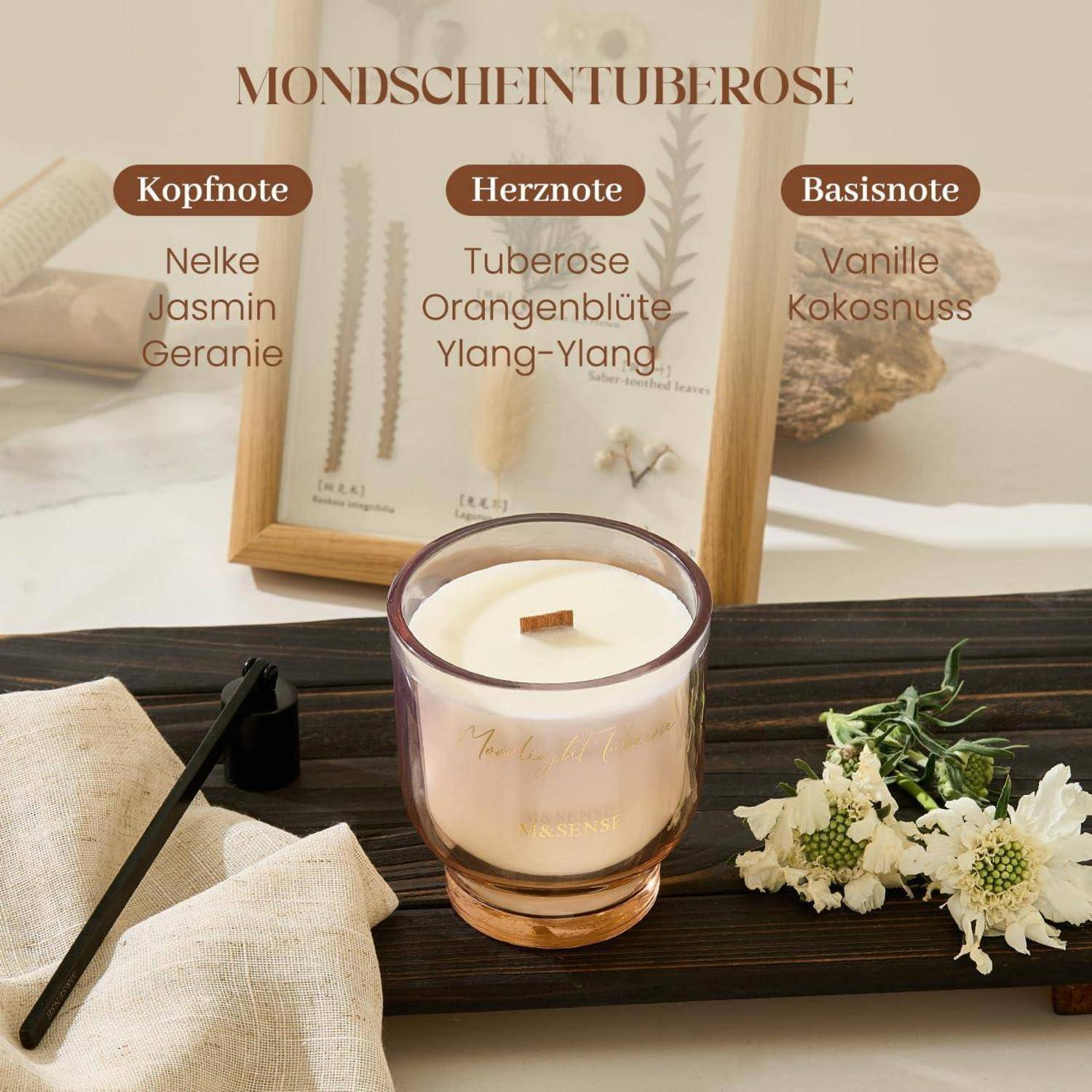 Duftkerze Mondlicht-Tuberose Holzdocht 280g 60h Sojawachs