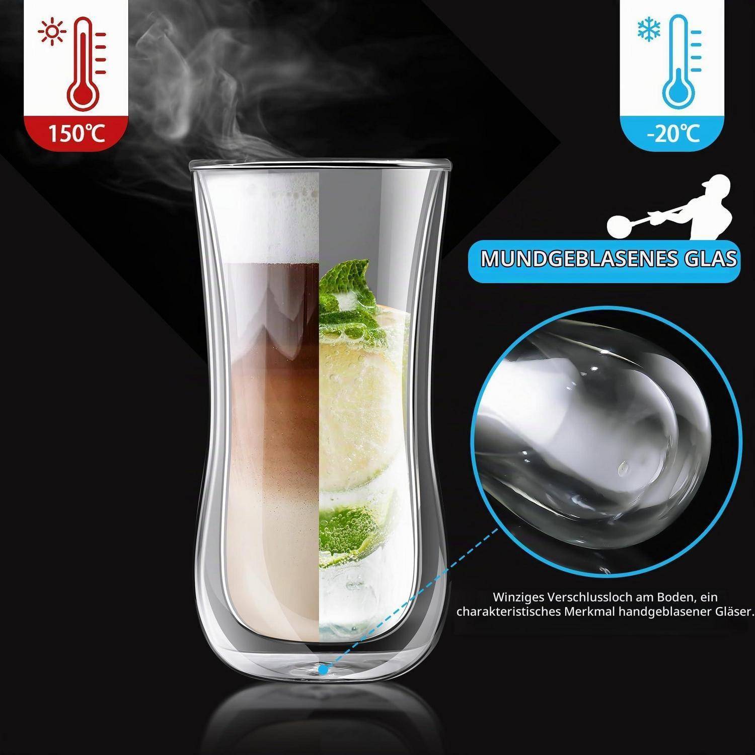 Joeyan Doppelwandige Kaffeegläser 2er Set 400ml Borosilikatglas Thermogläser