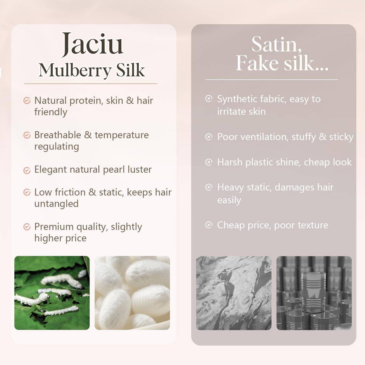 Infografik zum Vergleich von Jaciu Maulbeerseiden und Satinkunstseide: Maulbeerseiden sind atmungsaktiv, hautfreundlich, glänzend, reibungsarm und hochwertig; Kunstseiden sind synthetisch, klebrig, glänzend, anfällig für Elektrostatik und preiswert.