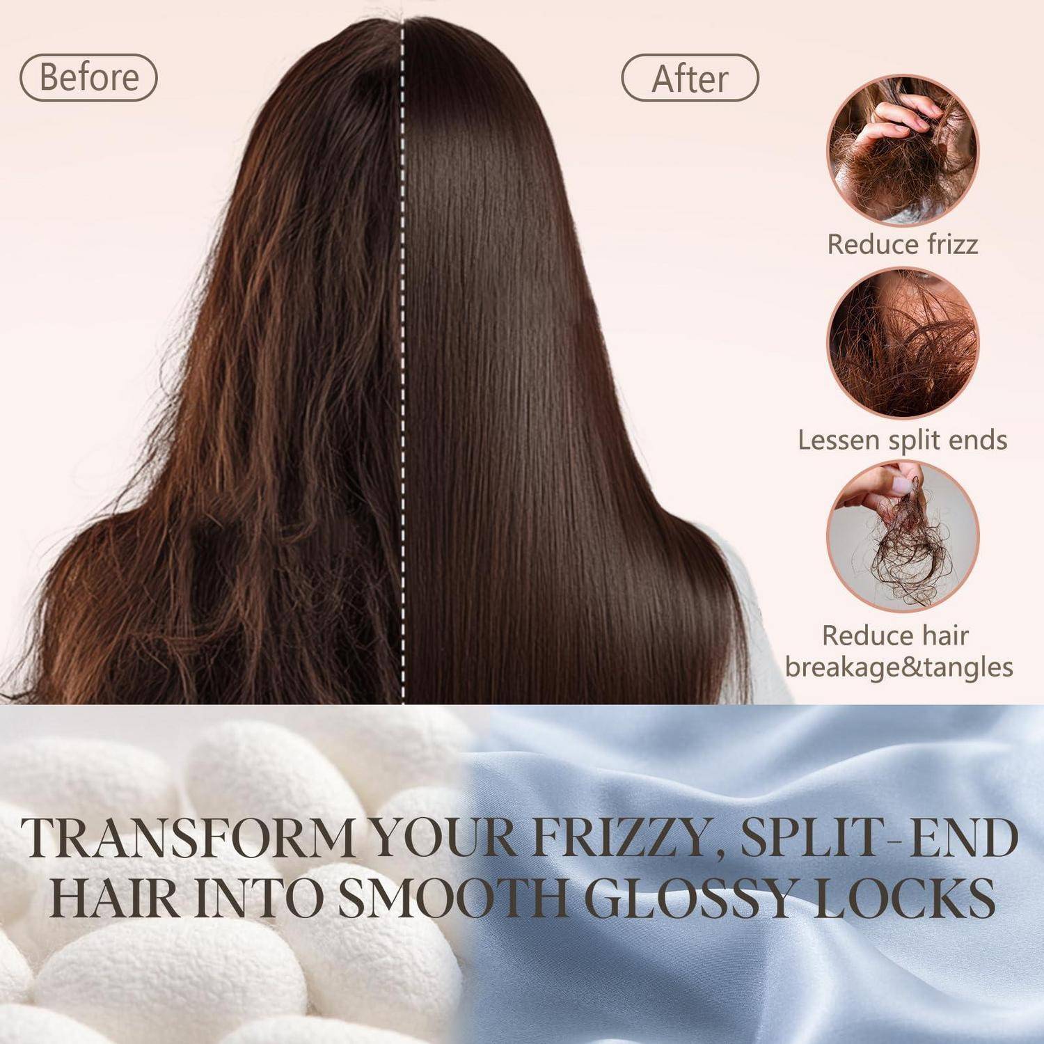 Vorher-und-Nachher-Bild einer Haarbehandlung, das lockiges, strohiges Haar mit Spliss in glatte, glänzende Locken umwandelt; Beschriftungen besagen „Frizz reduzieren", „Spliss verringern"" und „Haarbruch und Verwicklungen reduzieren"".