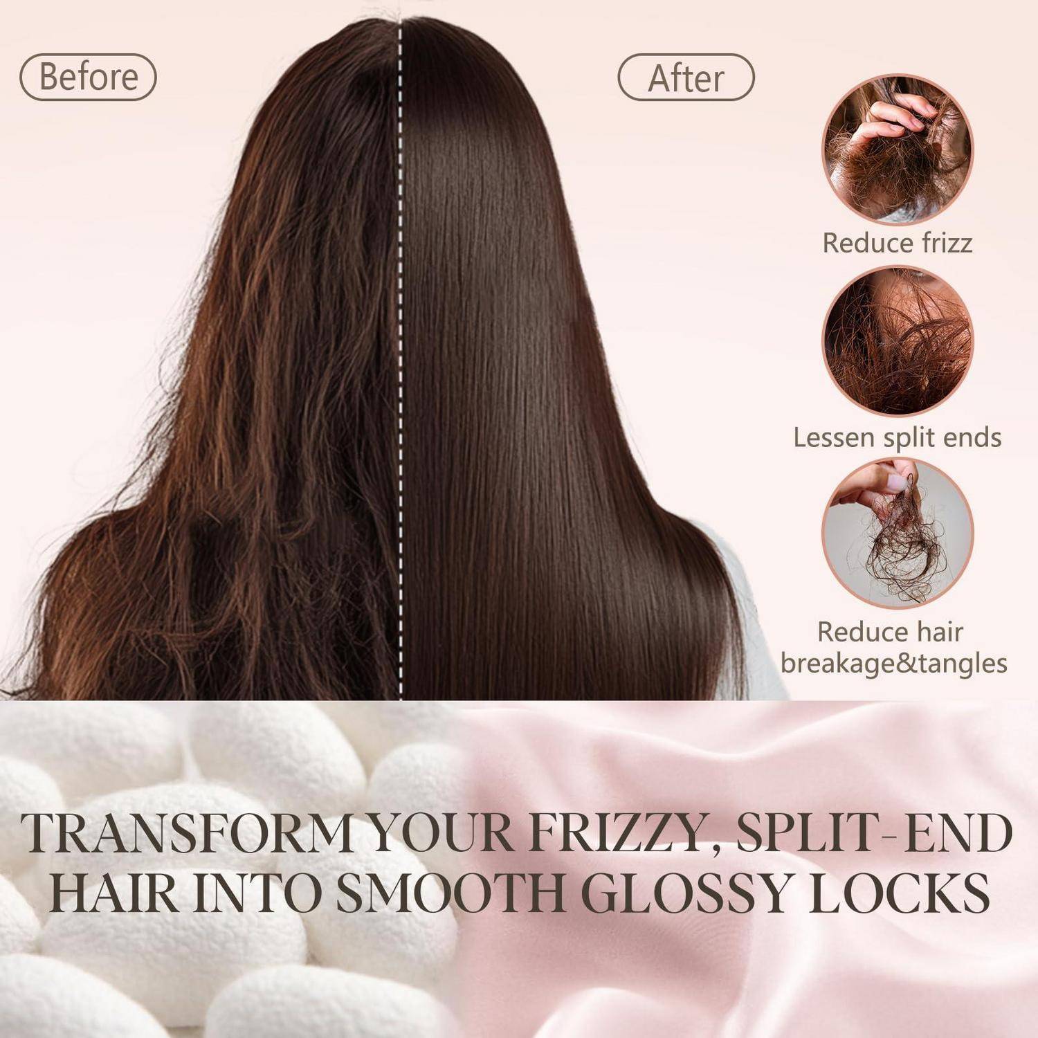Vorher-und-Nachher-Haarbehandlungs-Anzeige, die struppiges, splissiges Haar, das in glatte, glänzende Locken umgewandelt wird; Beschriftungen sagen Frizz reduzieren, Spliss verringern und Haarbruch und Verwicklungen reduzieren.