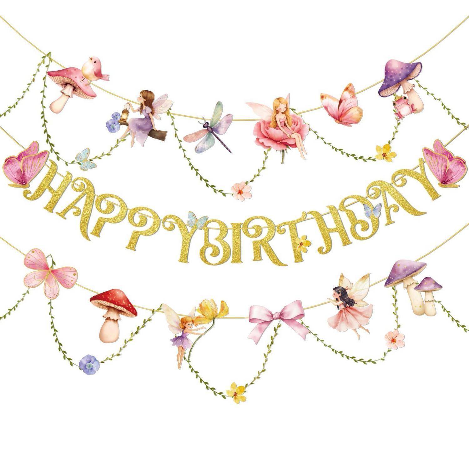 Girlande Happy Birthday Feen Design Rosa Kindergeburtstag Deko