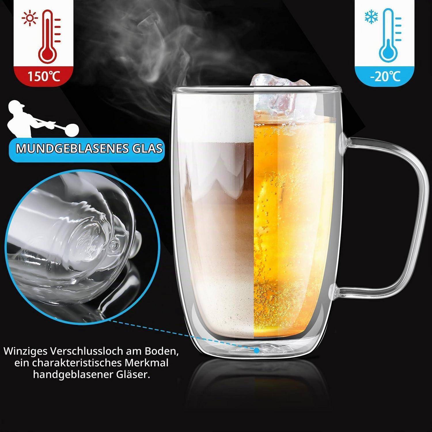 Joeyan 2er Set Doppelwandige Latte Macchiato Gläser 500ml mit Griff