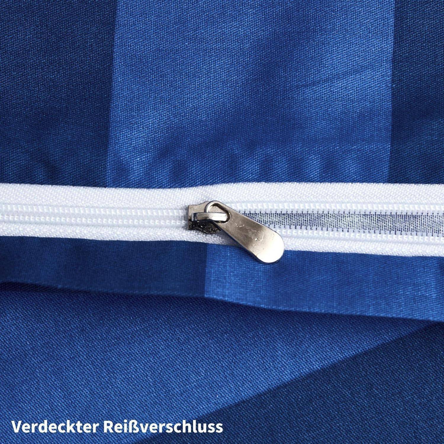 Nahaufnahme eines verdeckten Reißverschlusses auf blauem Stoff, der den Reißverschlussschieber und die Naht zeigt; Deutscher Text lautet „Verdeckter Reißverschluss".
