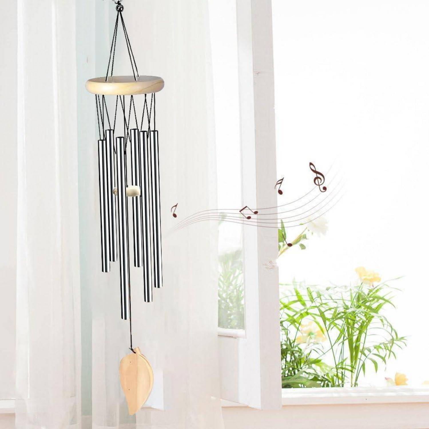 Windspiel 70cm Holz Aluminium 6 Rohre Garten Balkon Dekoration