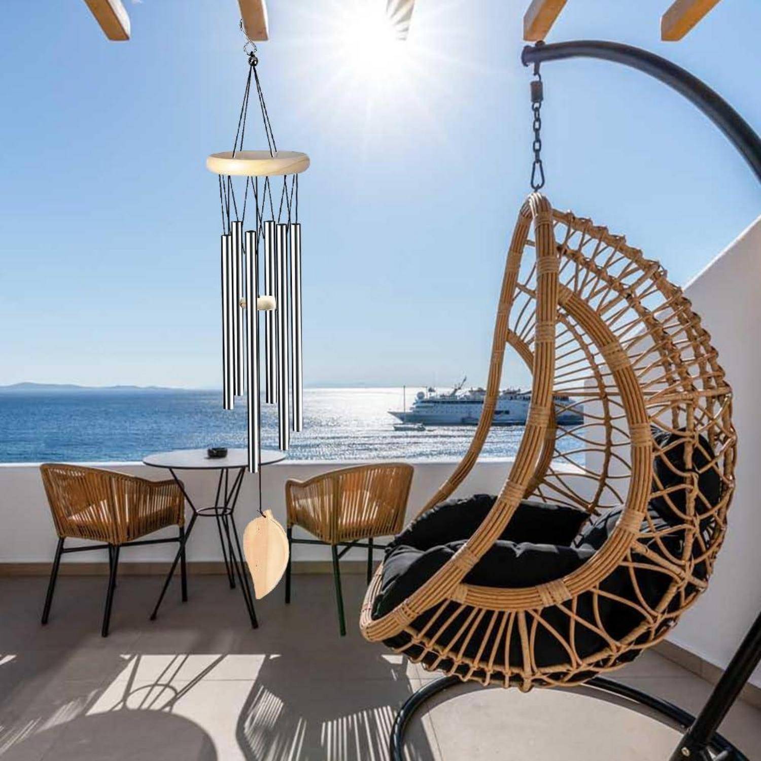 Windspiel 70cm Holz Aluminium 6 Rohre Garten Balkon Dekoration