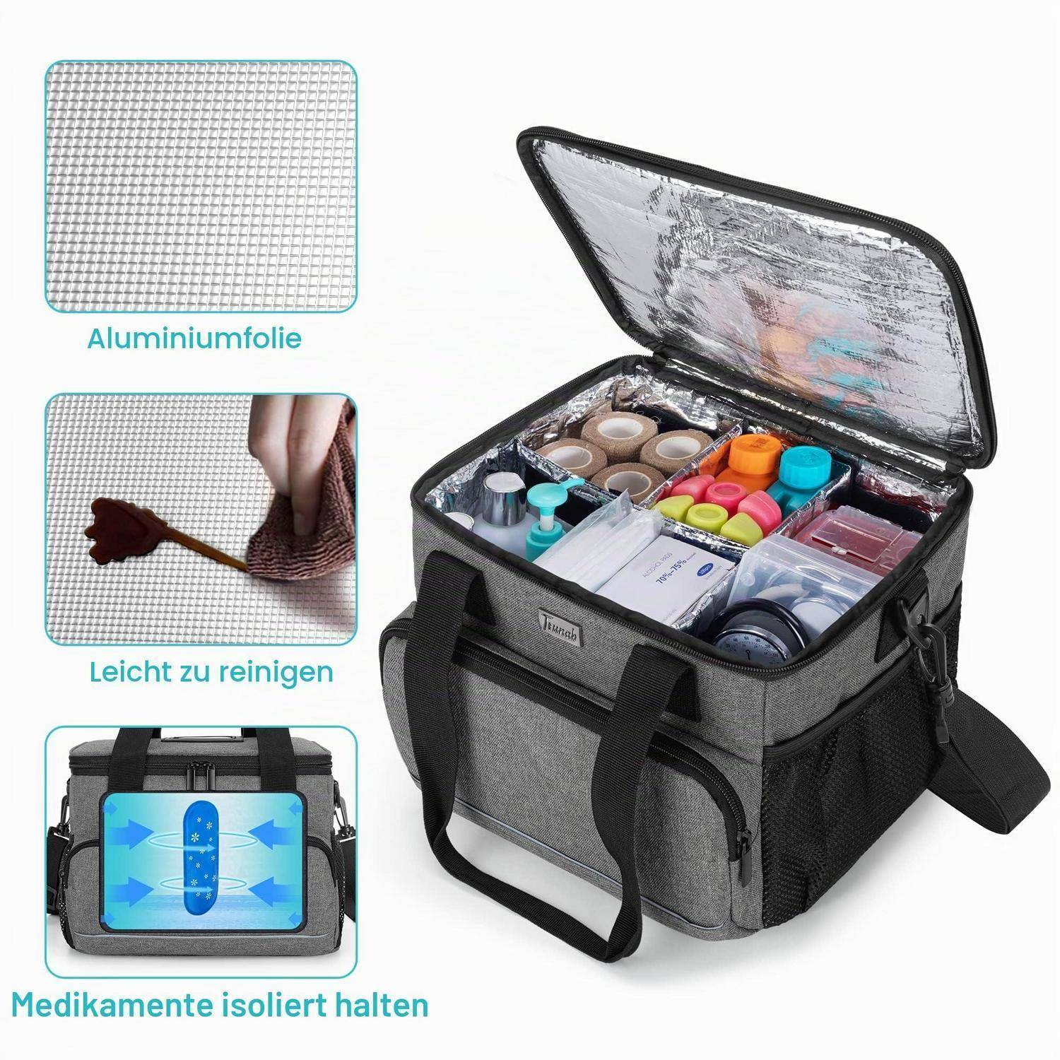 Trunab Isolierte Medizinische Tasche Grau mit 5 Trennwänden 30x26x21cm