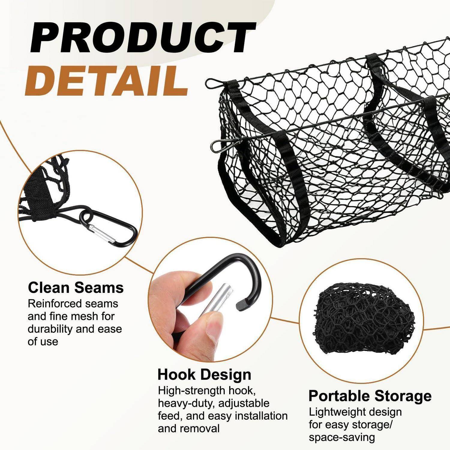 Produktdetail-Grafik für einen schwarzen Mesh-Hängekorb/Wäschekorb mit sauberen Nähten, Hakenkonstruktion und tragbaren Lagerfunktionen.