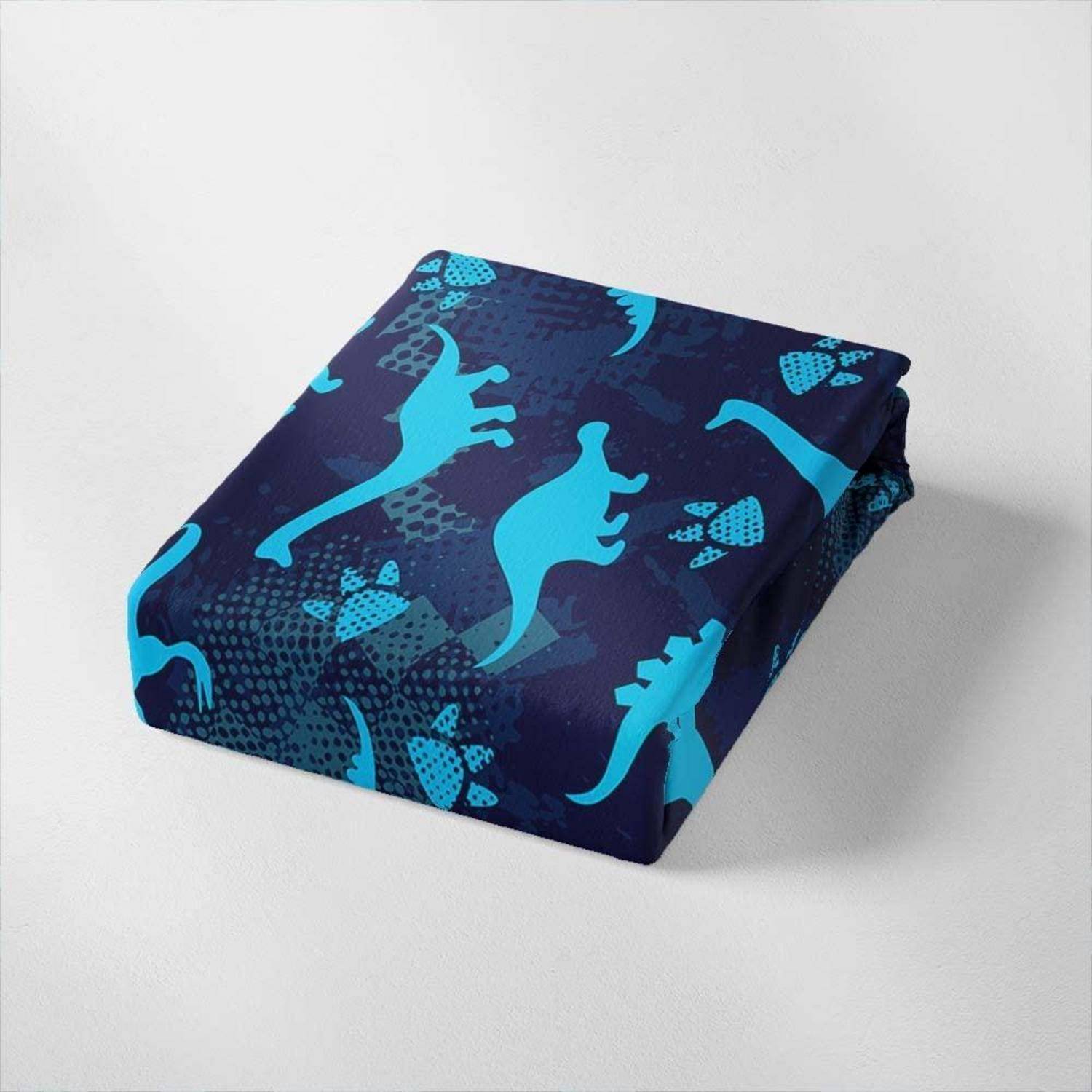 Gefalteter Stoff mit leuchtend blauen Känguru-Silhouetten auf dunkelnavyblauem Hintergrund.