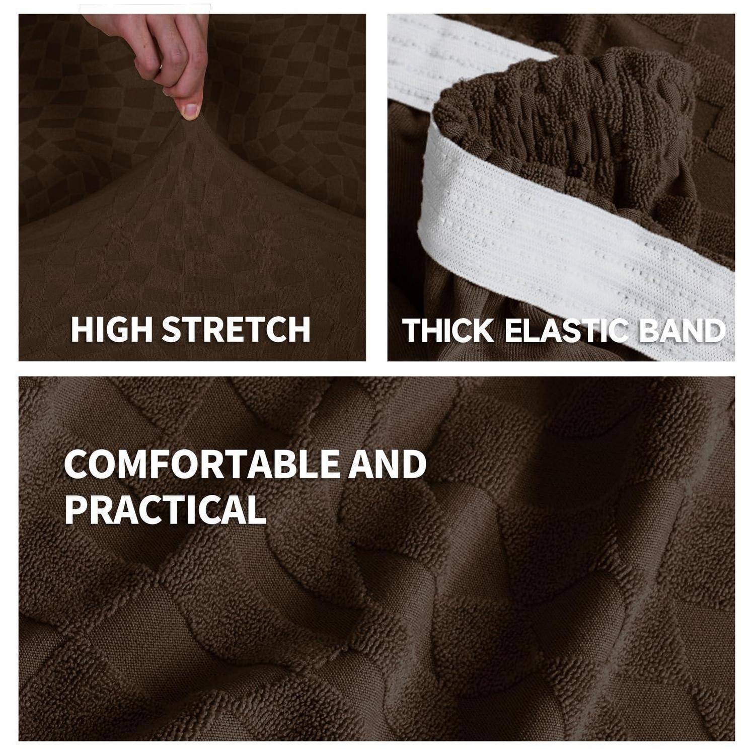 Nahaufnahme des Produktbildes aus braunem strukturiertem Stoff mit der Aufschrift „hochelastisch", einem dicken elastischen Band und der Bildunterschrift „komfortabel und praktisch"".