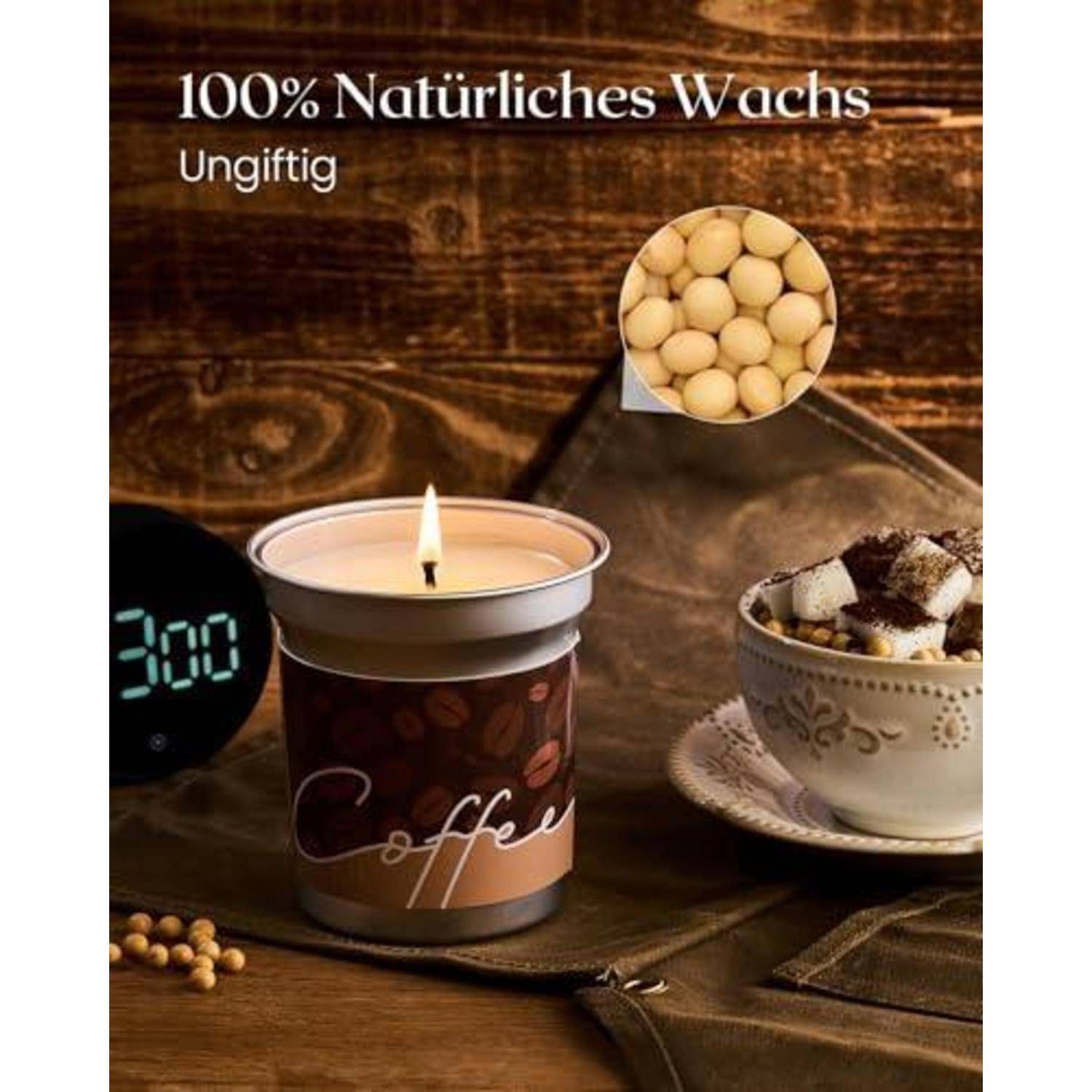 Werbebild einer kaffeeduftenden Kerze mit brennender Flamme, gekennzeichnet mit „100% Natürliches Wachs" und „Ungiftig"", neben Sojawachspellets und einer Dessertschale.