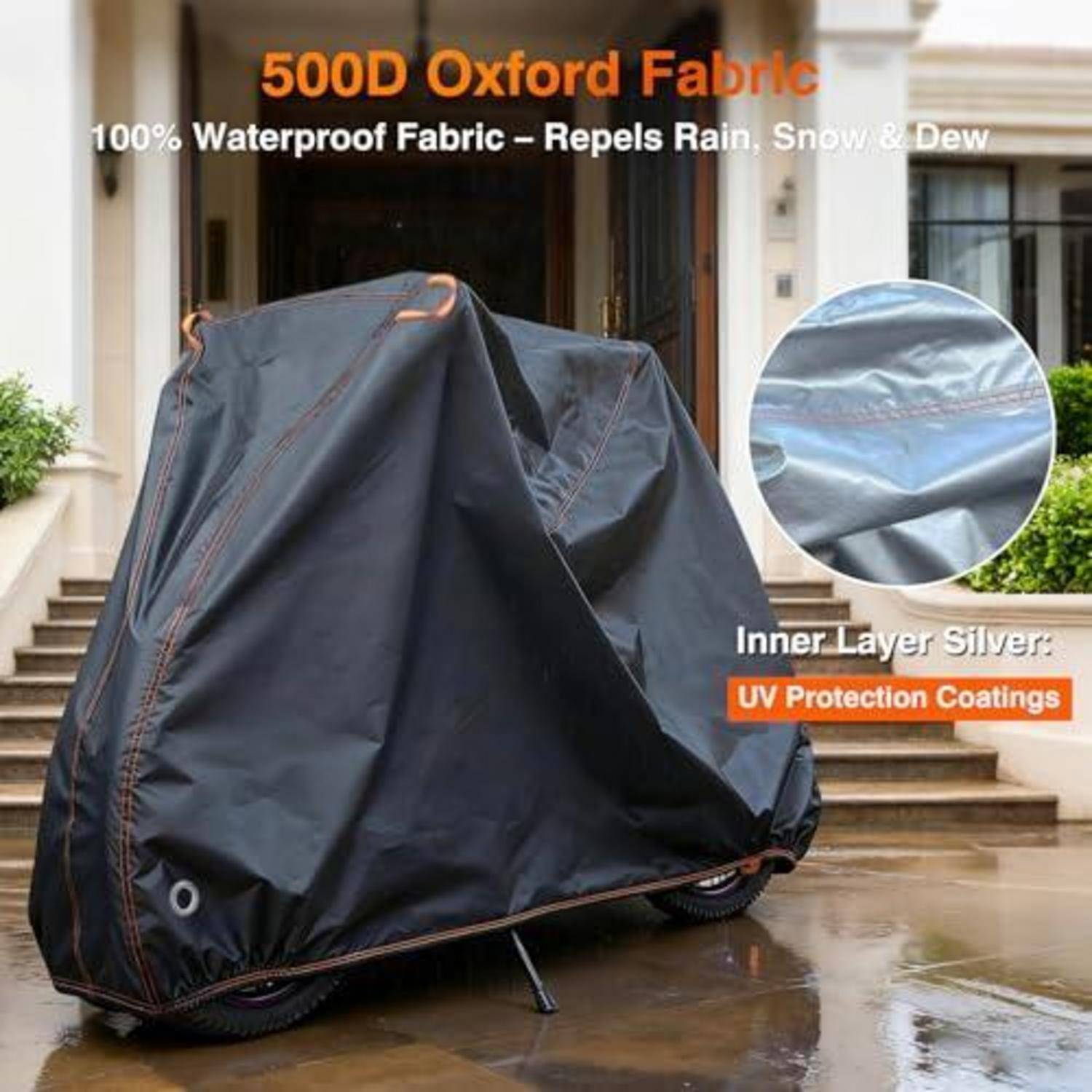 Überdachtes Motorrad im Freien mit schwarzer, wasserdichter Abdeckung aus „500D Oxford Fabric"; die Vergrößerung zeigt die silberne Innenschicht mit UV-Schutzlacken.