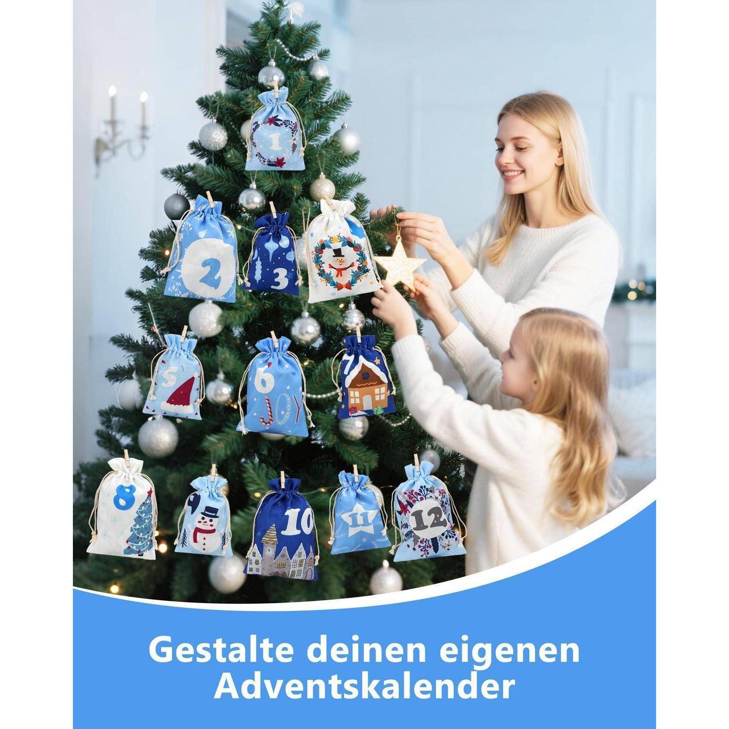 Adventskalender 2026 zum Befüllen, 24 Stoffbeutel, 2 Größen, DIY-Set mit Zubehör
