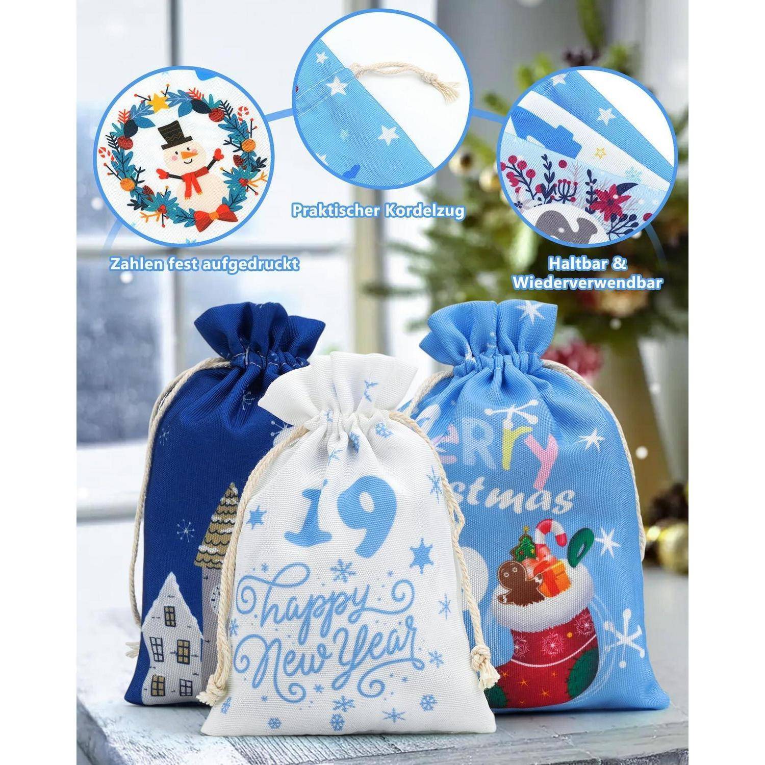 Adventskalender 2026 zum Befüllen, 24 Stoffbeutel, 2 Größen, DIY-Set mit Zubehör