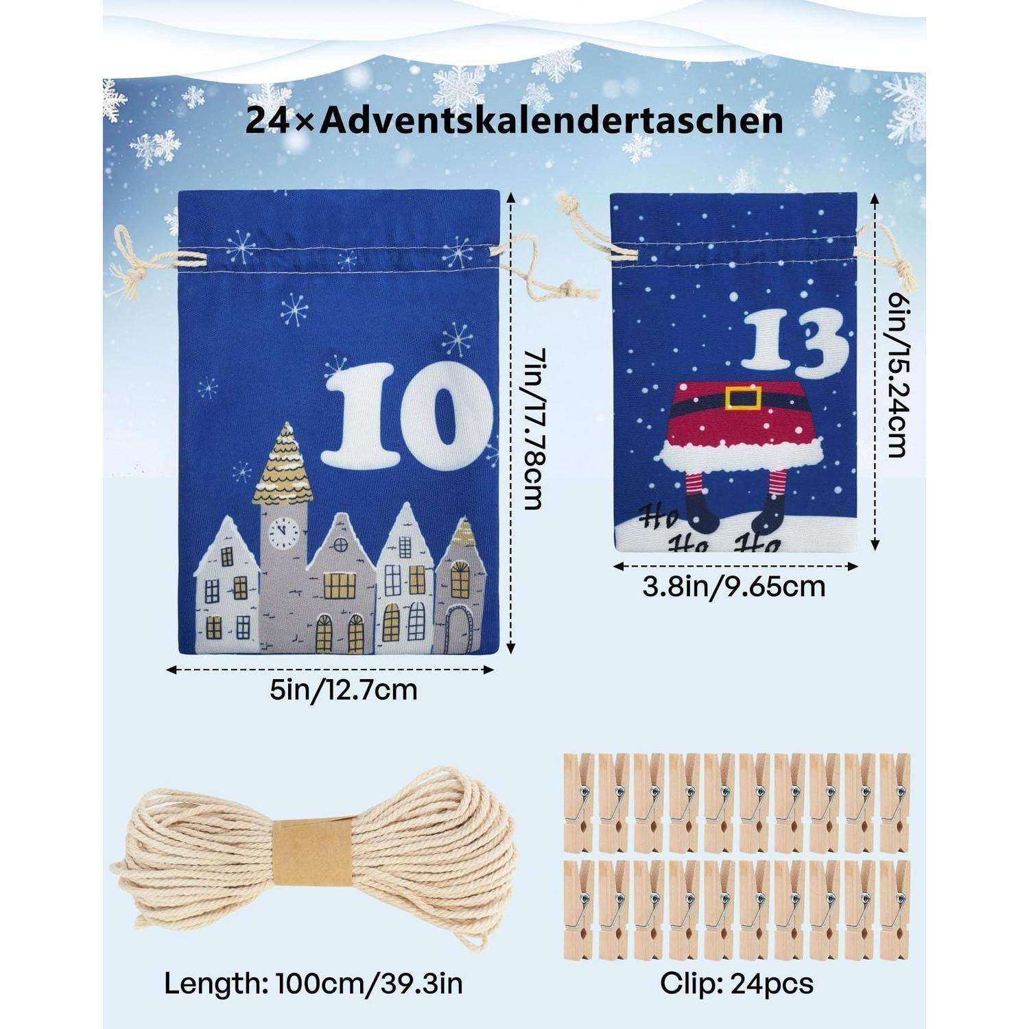 Adventskalender 2026 zum Befüllen, 24 Stoffbeutel, 2 Größen, DIY-Set mit Zubehör